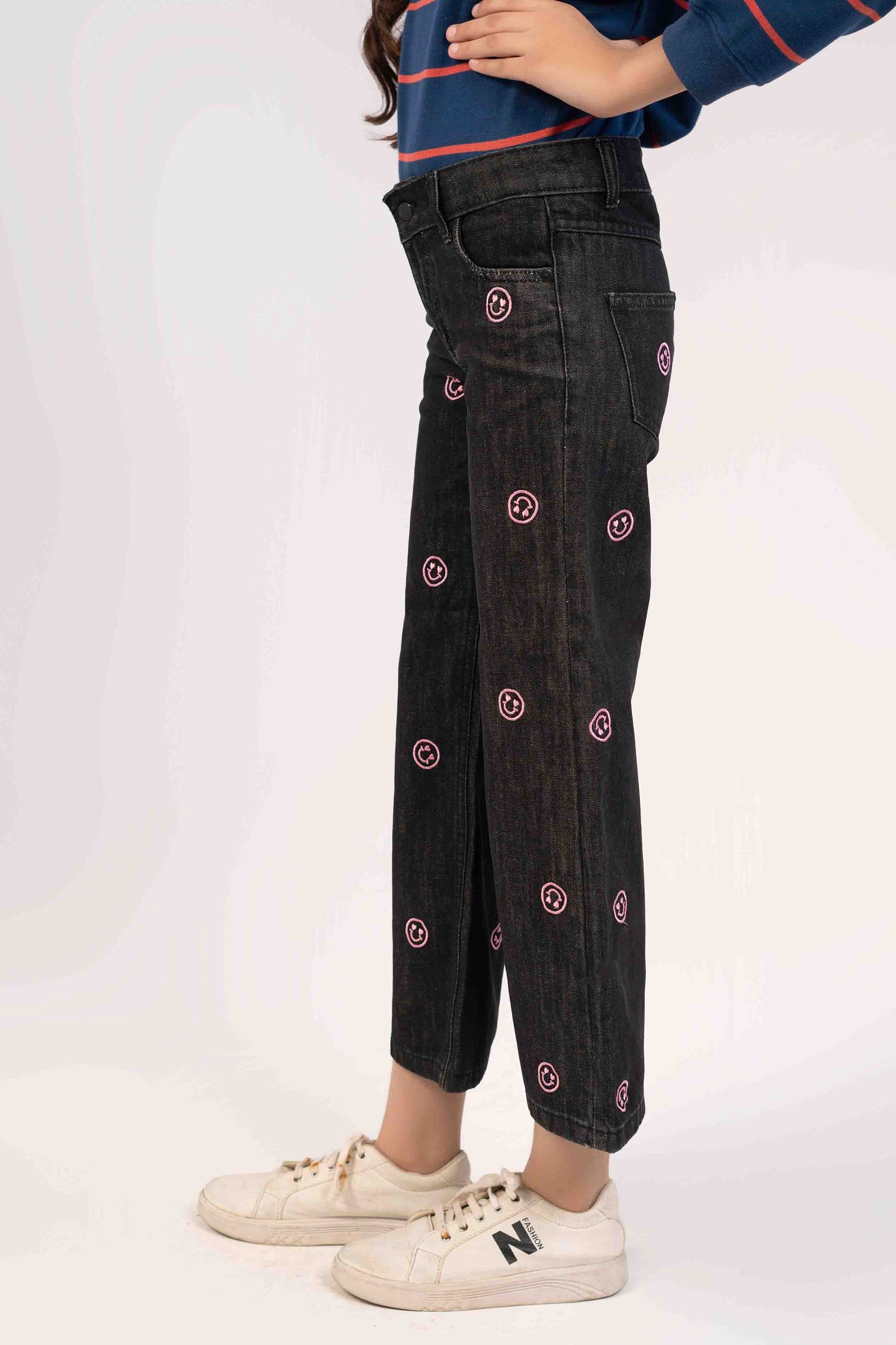 Black Wash Color with Smily Face EMB Girls Jeans