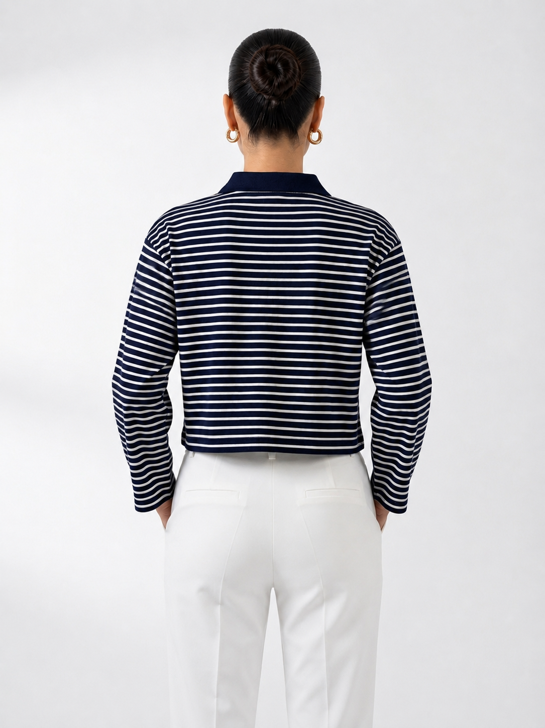 Women's Navy Striped Cropped Polo Top