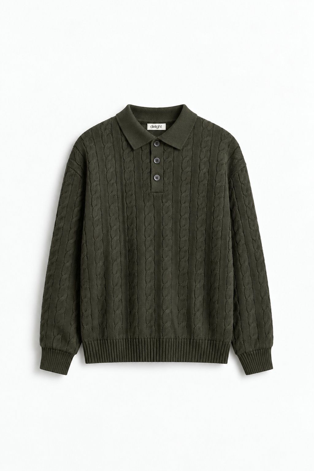 Men’s Cable-Knit Polo Sweater – Dark Olive