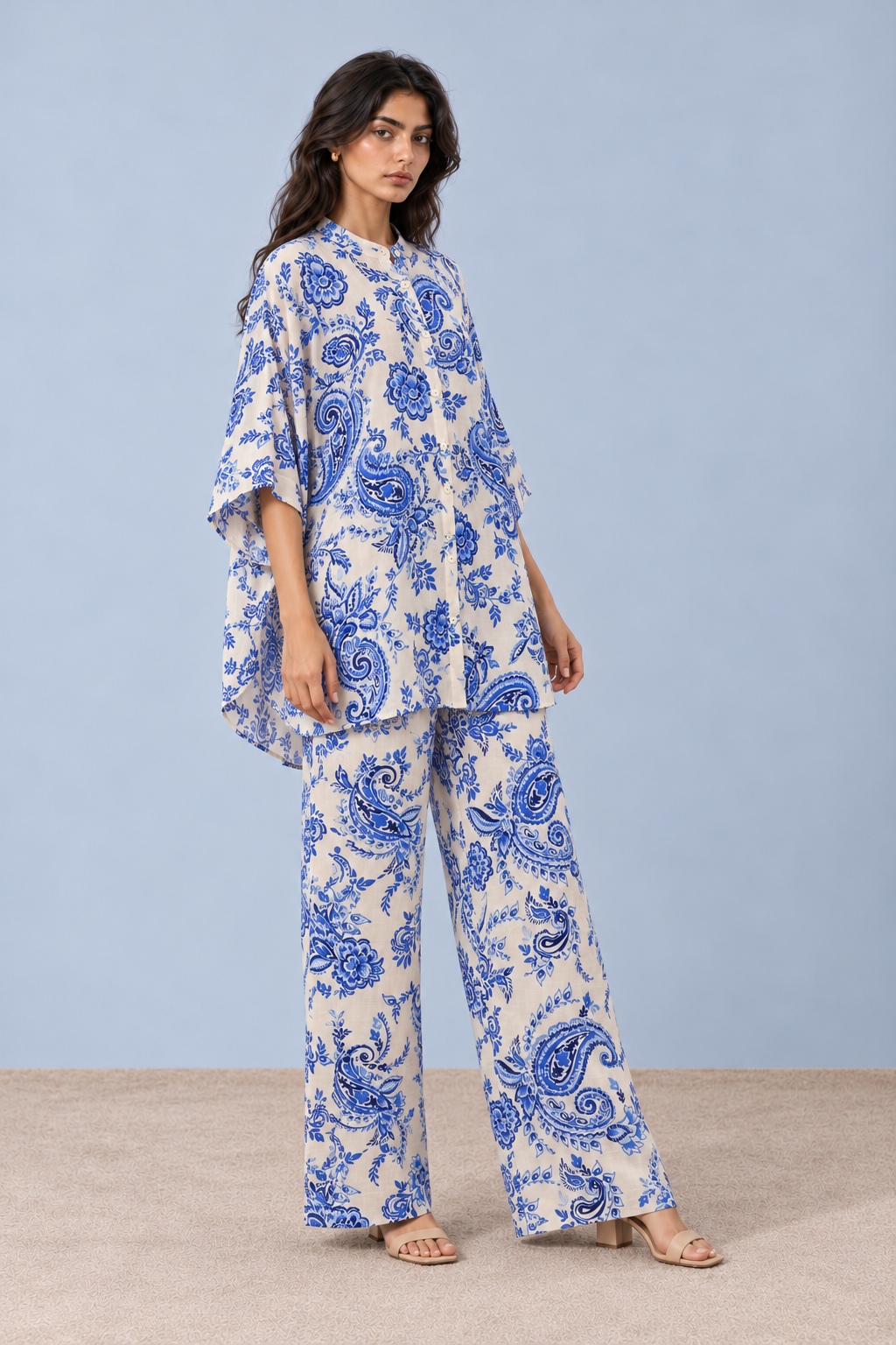 Ivory & Blue Paisley Kaftan Co-ord Set