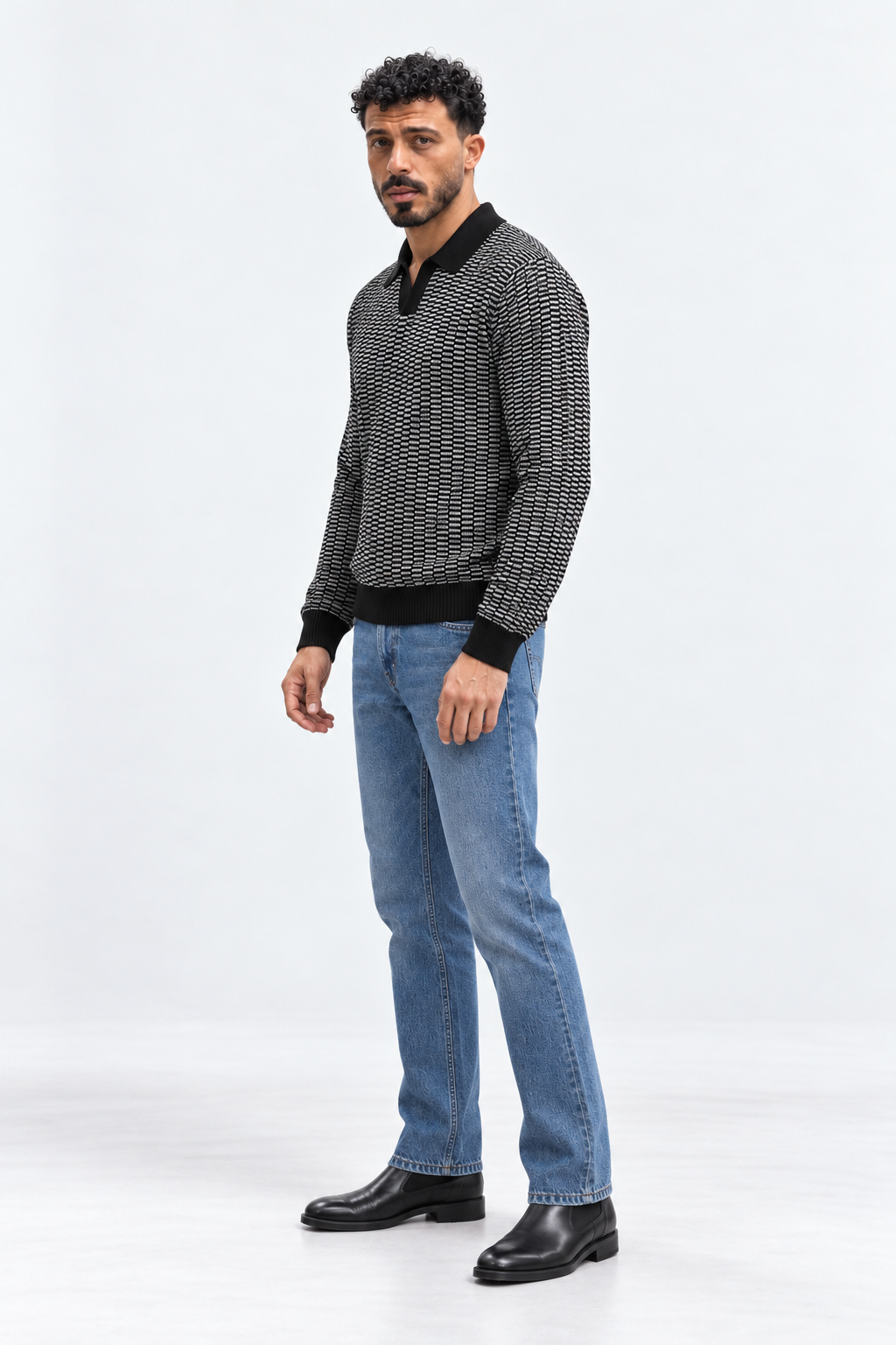 Men’s Long Sleeve Jacquard Knit Polo — Black & Ivory