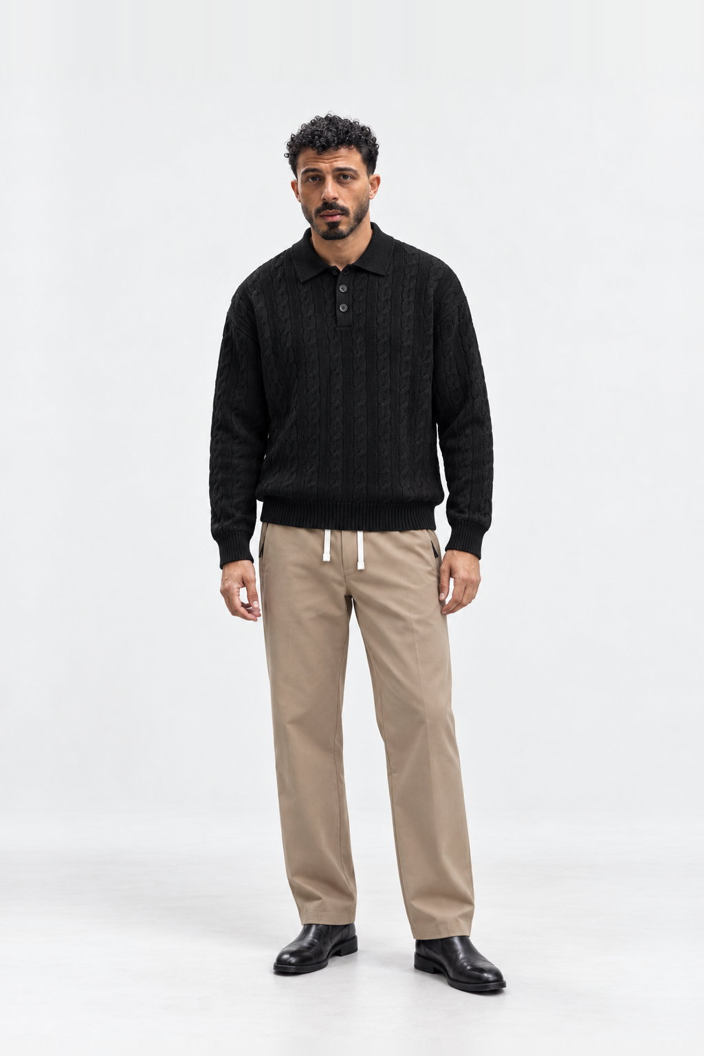 Men’s Long Sleeve Cable-Knit Polo — Black