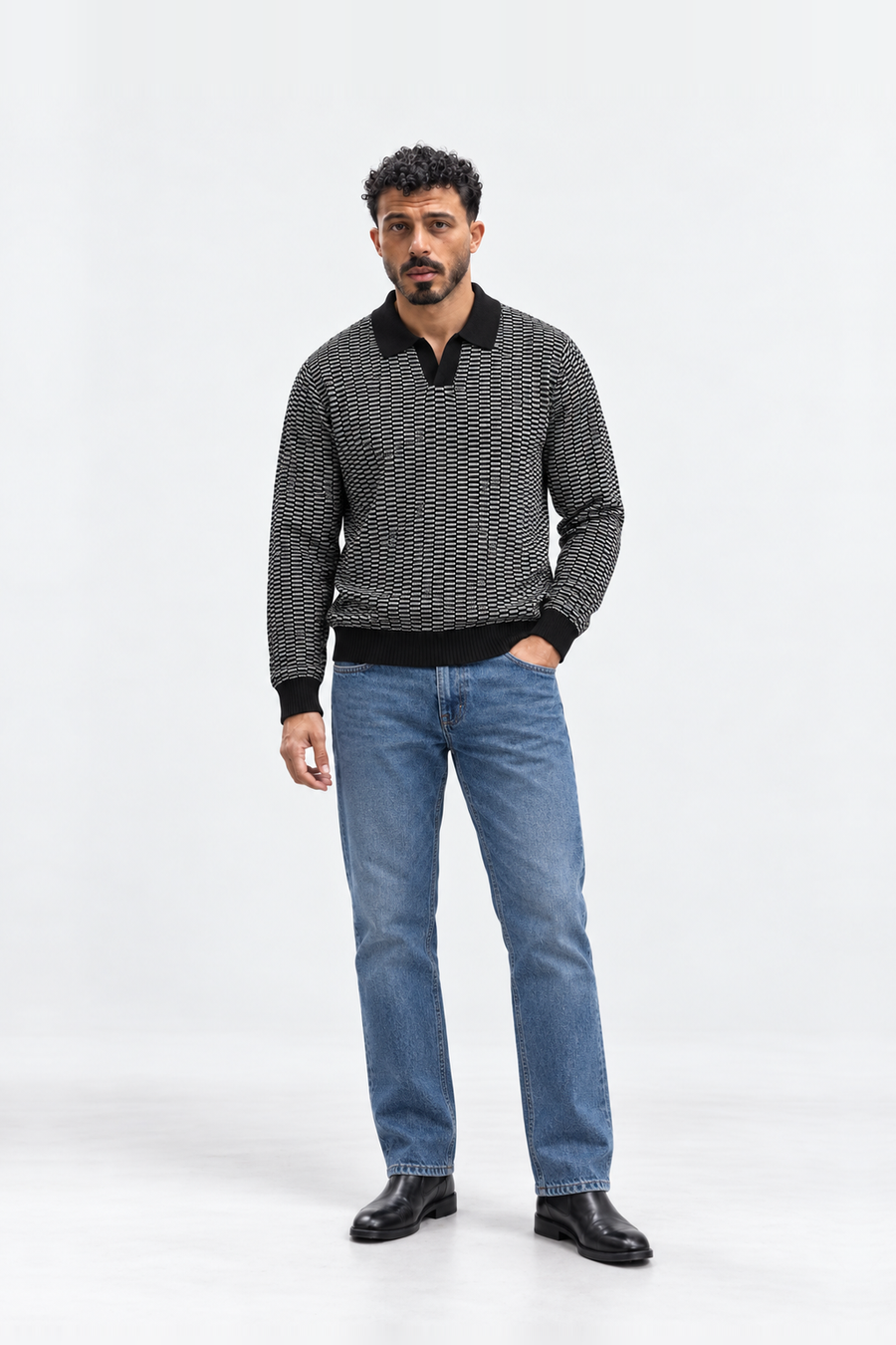 Men’s Long Sleeve Jacquard Knit Polo — Black & Ivory