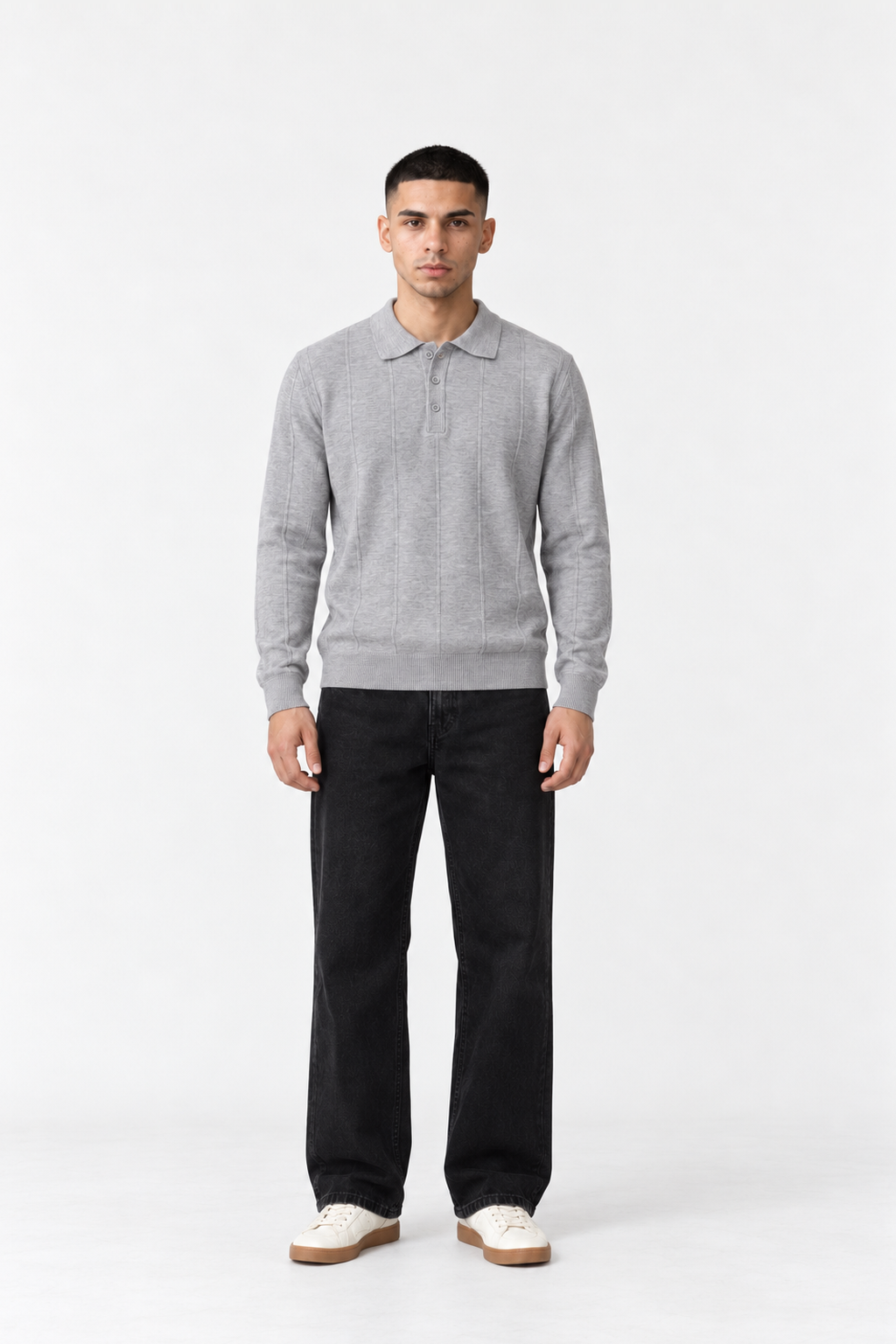Men’s Textured Knit Polo Sweater – Silver Grey