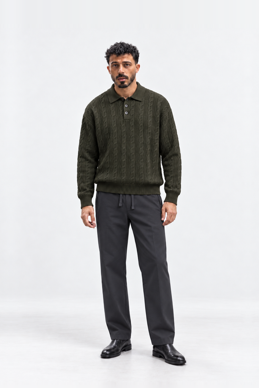 Men’s Cable-Knit Polo Sweater – Dark Olive