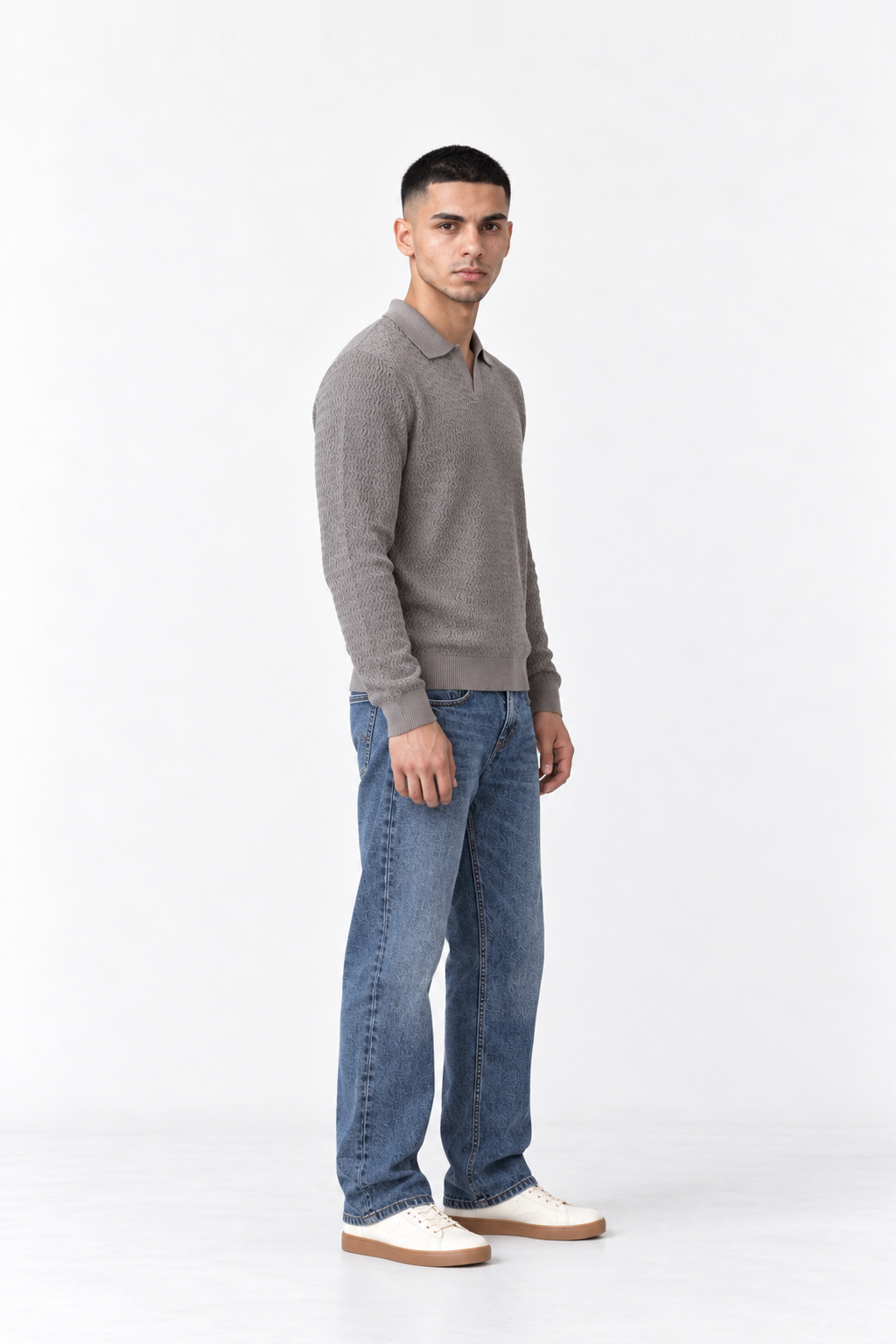 Men’s Wavy Knit Polo Sweater – Taupe