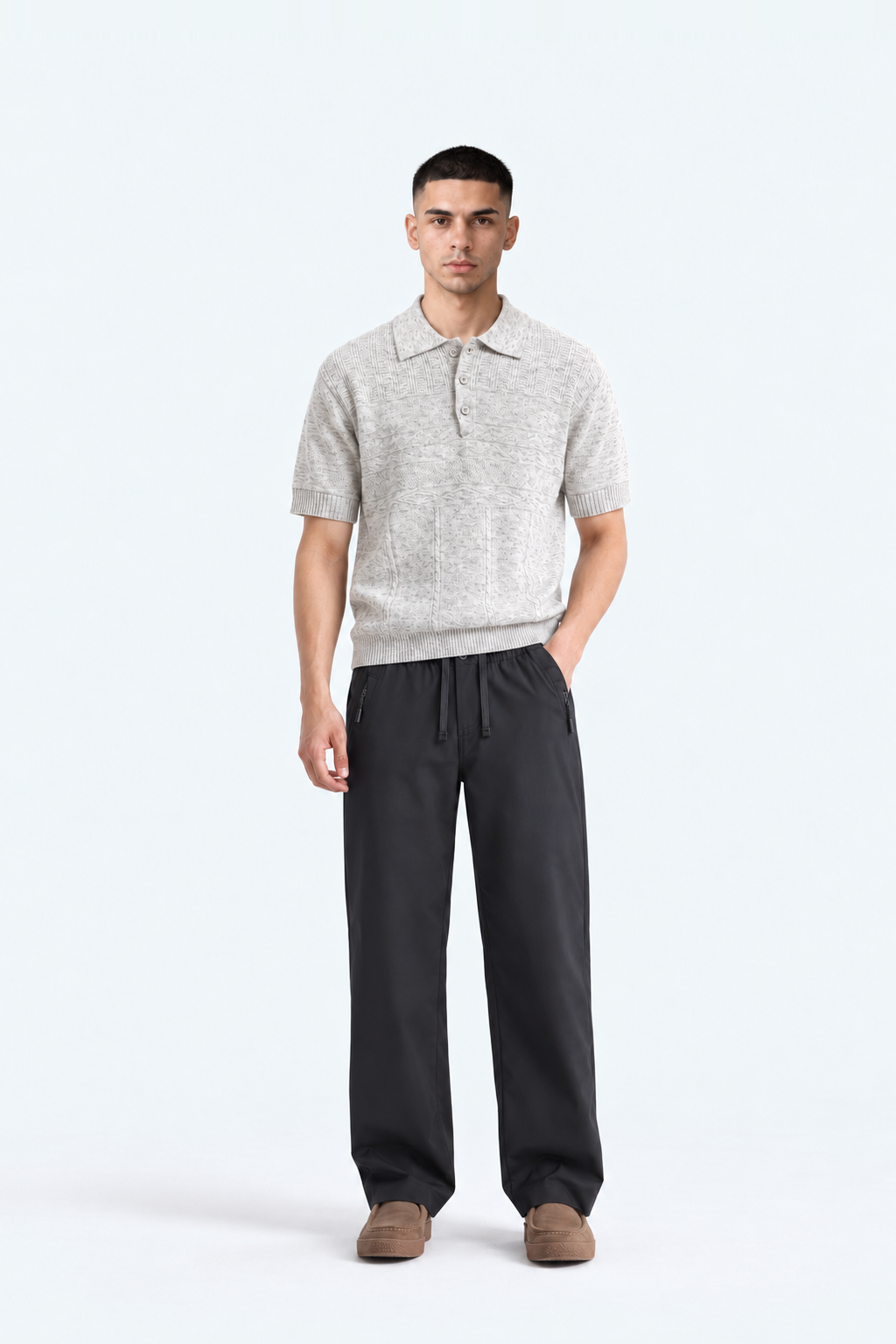 Men’s Marled Textured Knit Polo – Light Grey