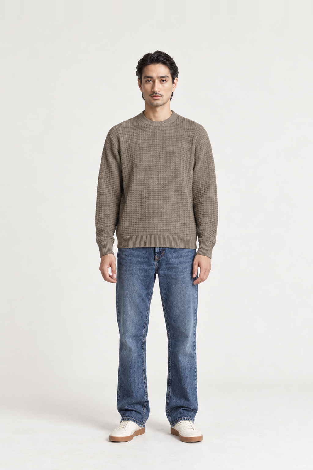 Men's Brown Melange Grid-Knit Crewneck Sweater