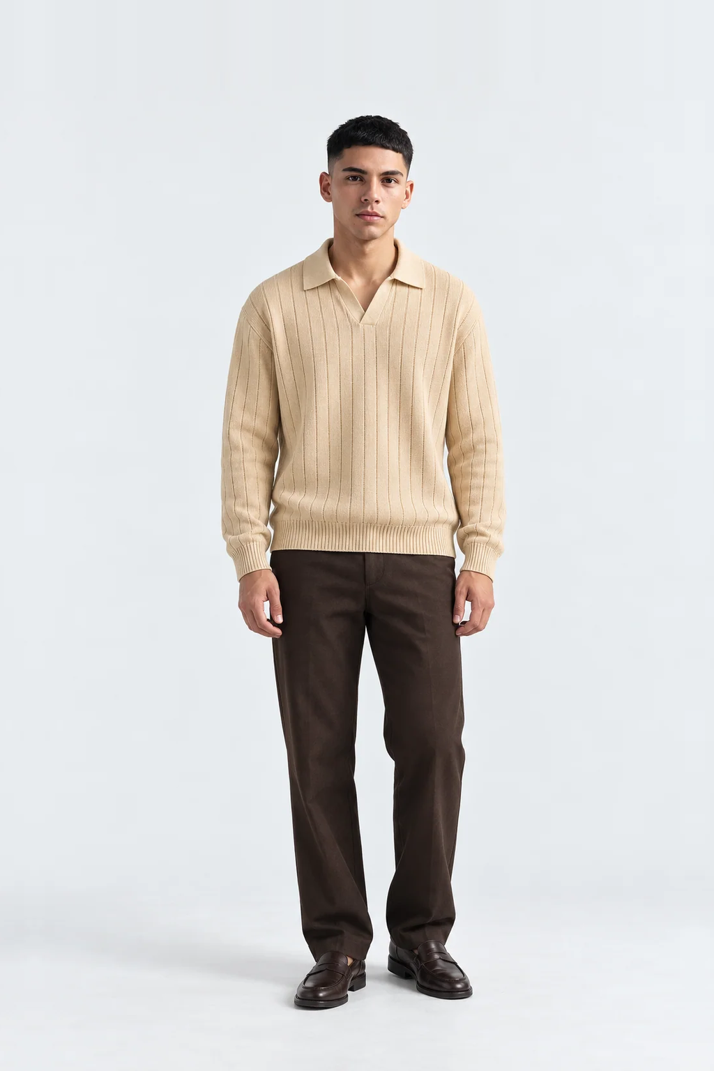 Men’s Beige Long Sleeve Knit Polo