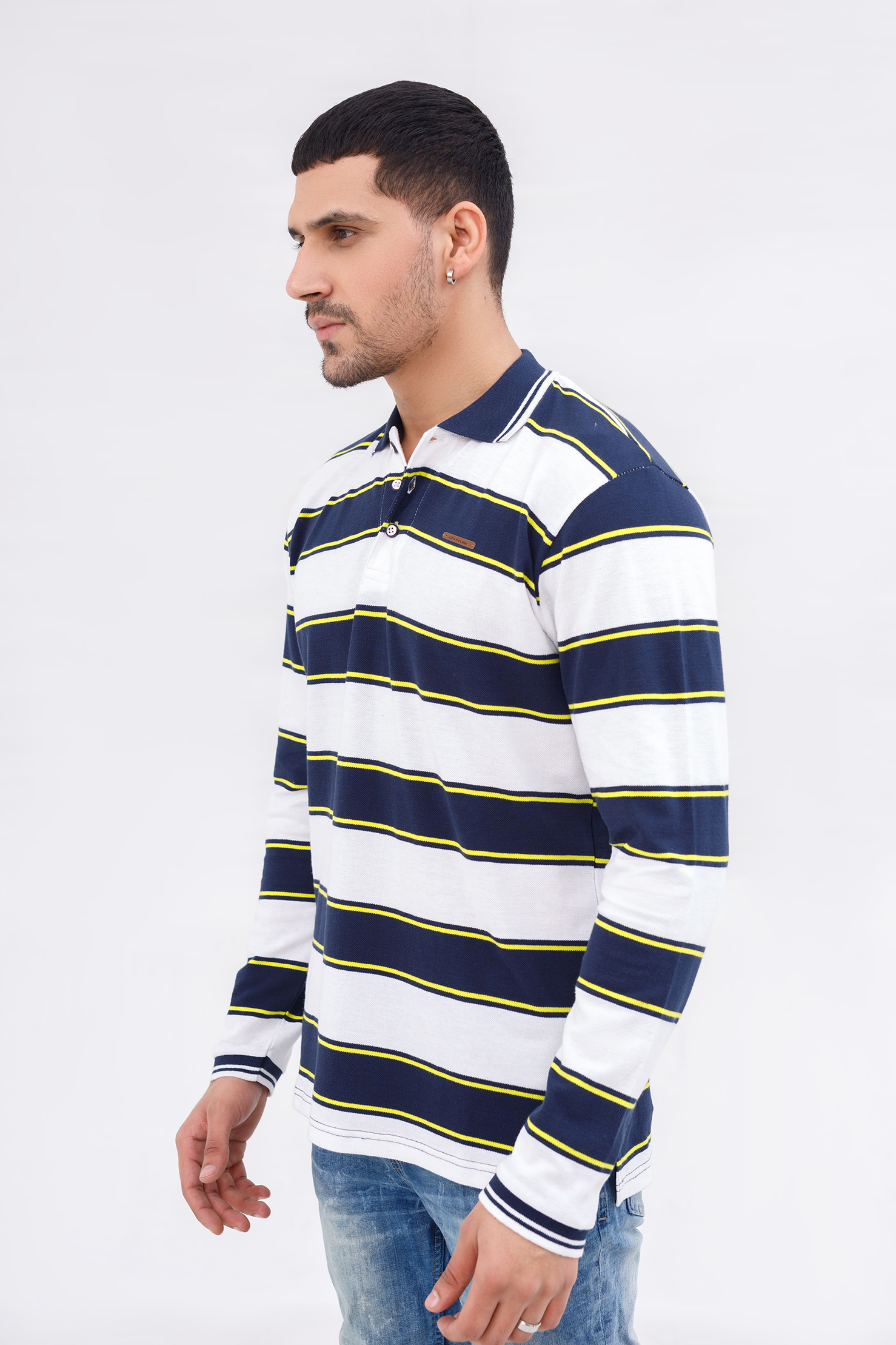 Men Polo Full Sleeves Striper White/Navy