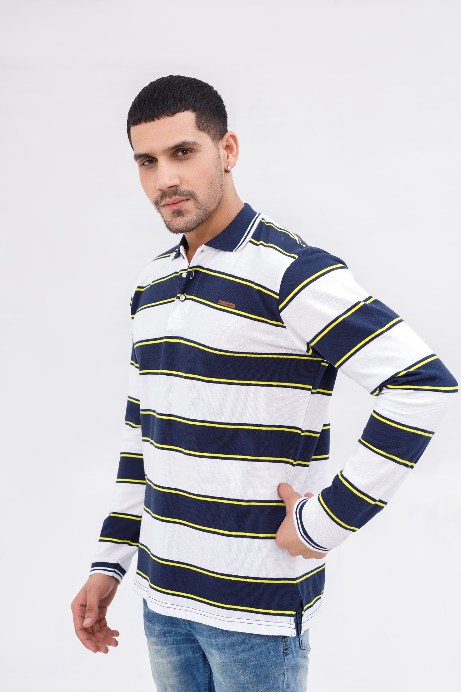 Men Polo Full Sleeves Striper White/Navy