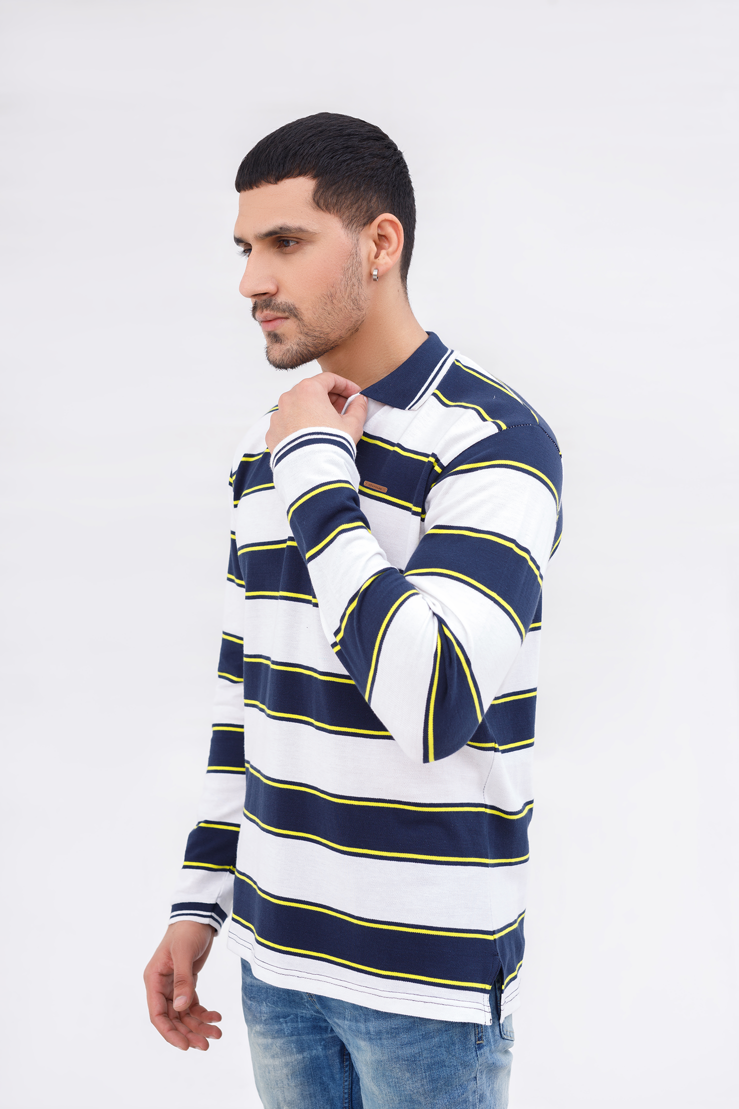 Men Polo Full Sleeves Striper White/Navy