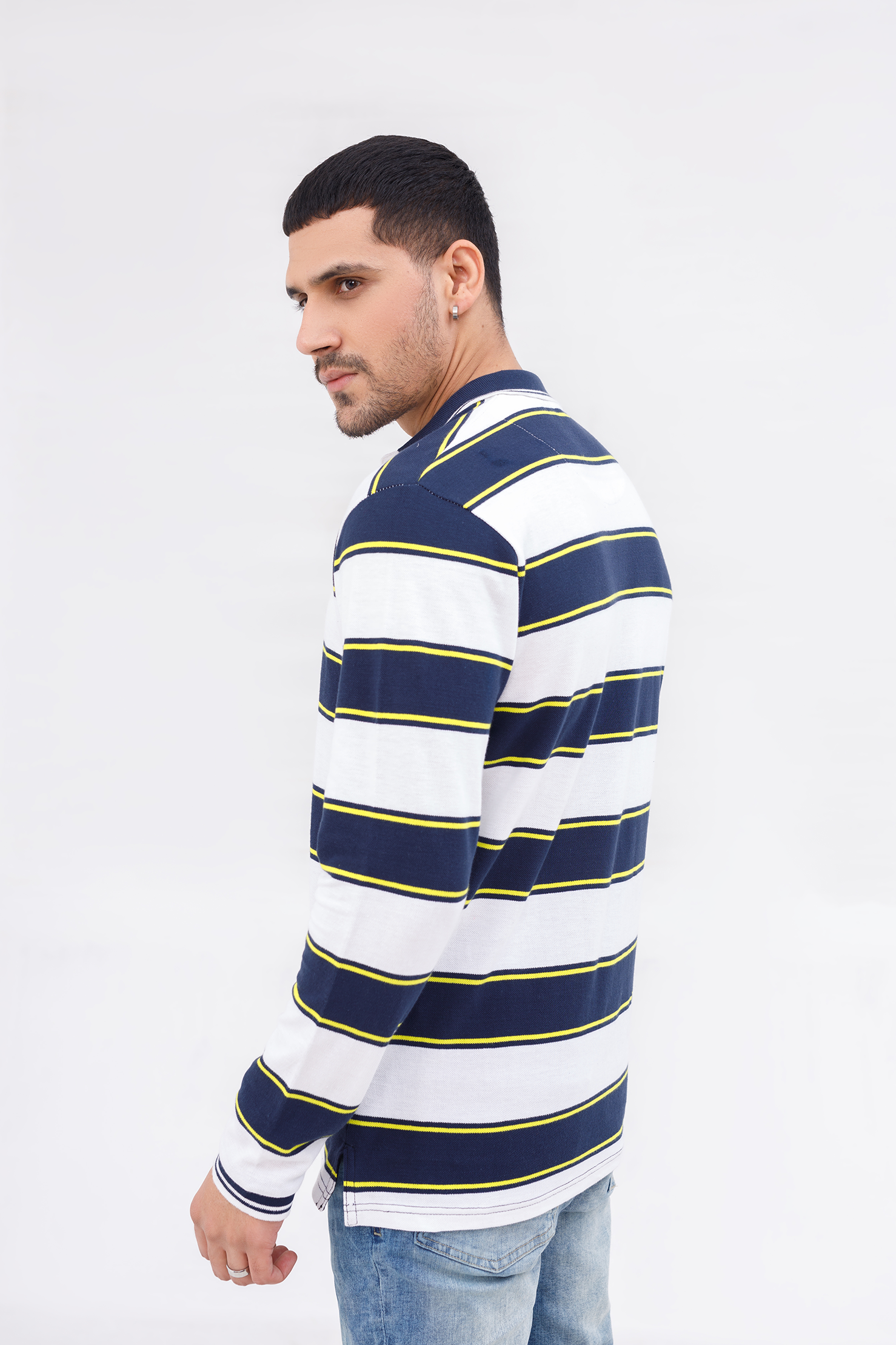 Men Polo Full Sleeves Striper White/Navy