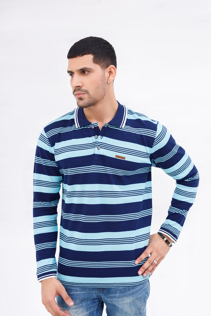 Men Polo Full Sleeves Striper Sky/Navy