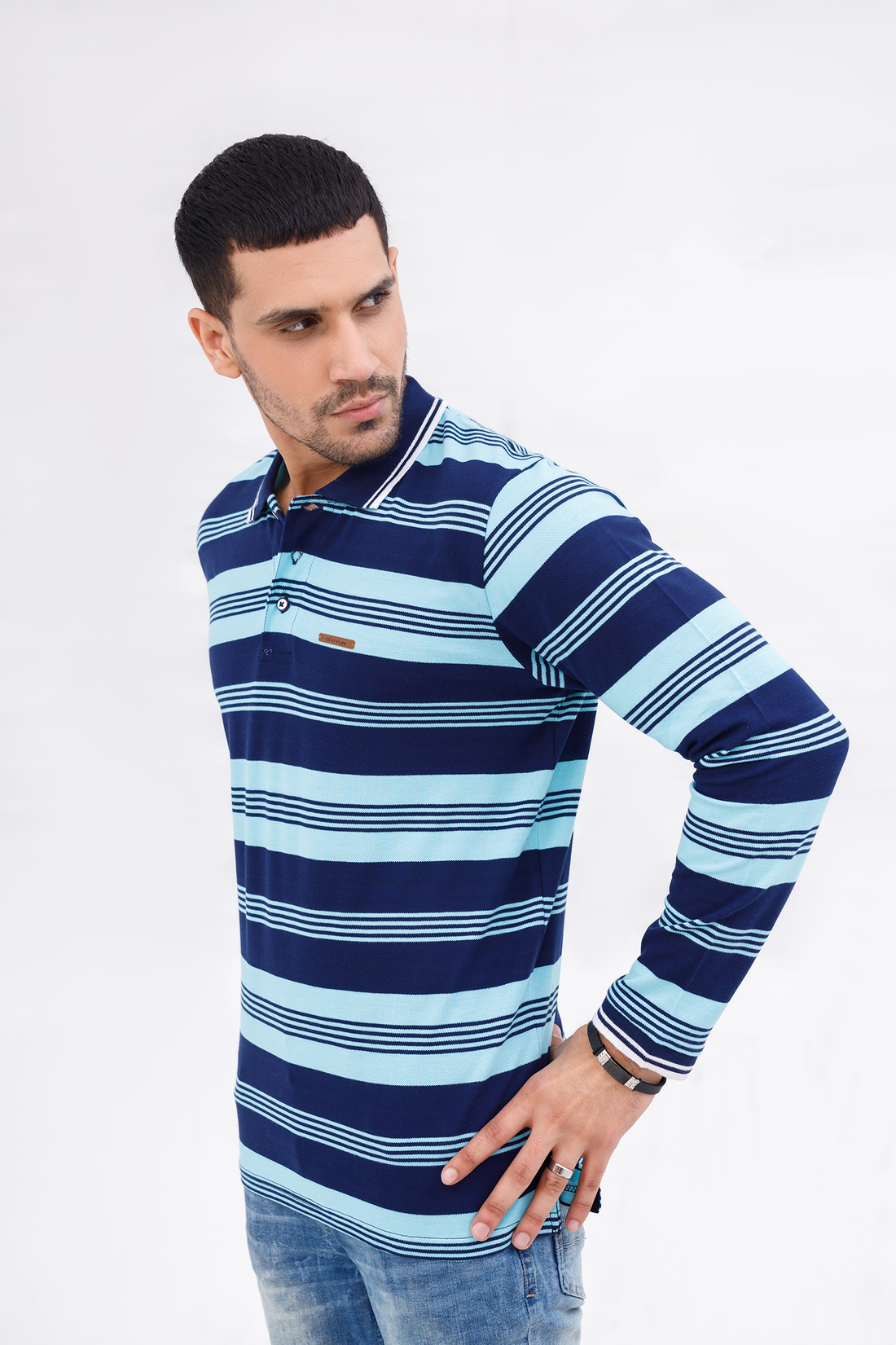 Men Polo Full Sleeves Striper Sky/Navy