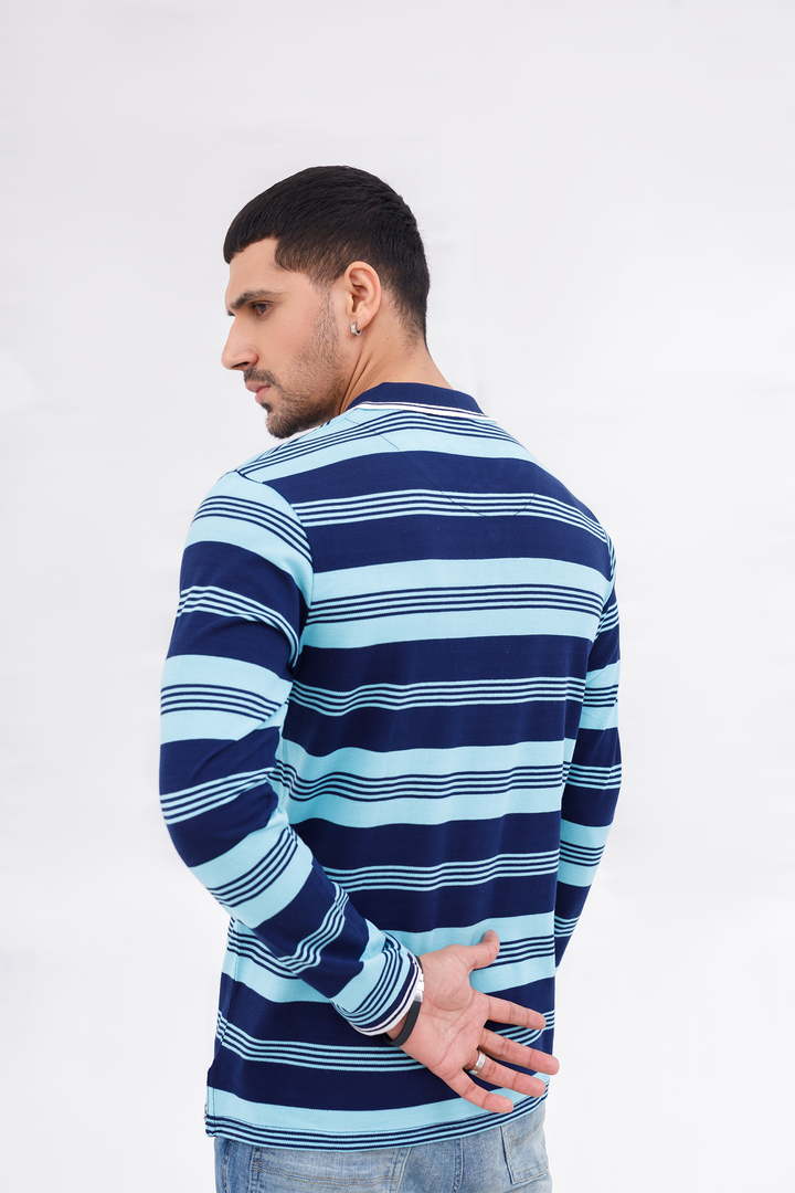 Men Polo Full Sleeves Striper Sky/Navy