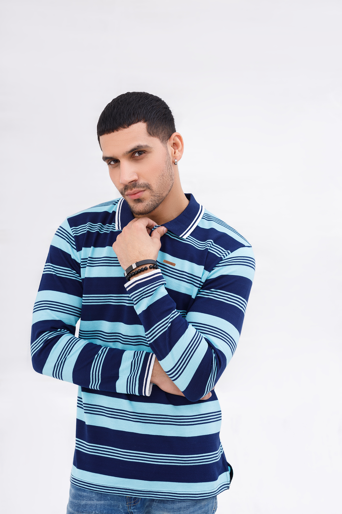 Men Polo Full Sleeves Striper Sky/Navy