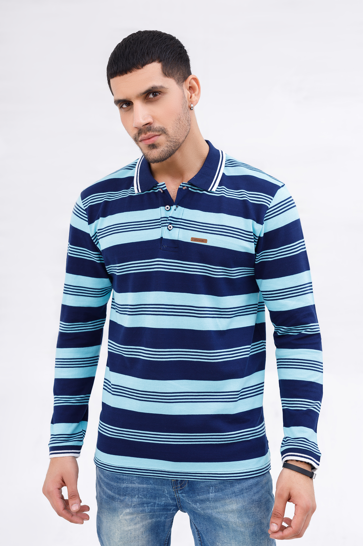 Men Polo Full Sleeves Striper Sky/Navy