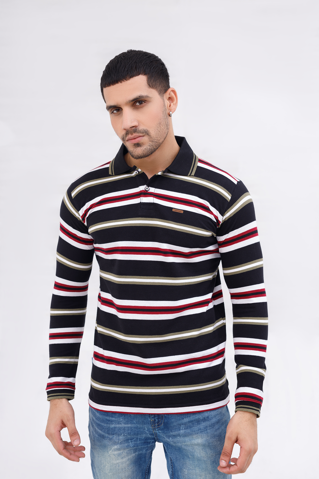 Men Polo Full Sleeves Striper Black / white