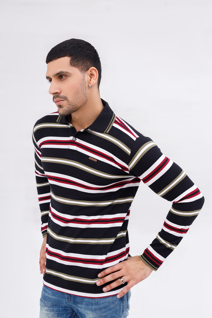 Men Polo Full Sleeves Striper Black / white