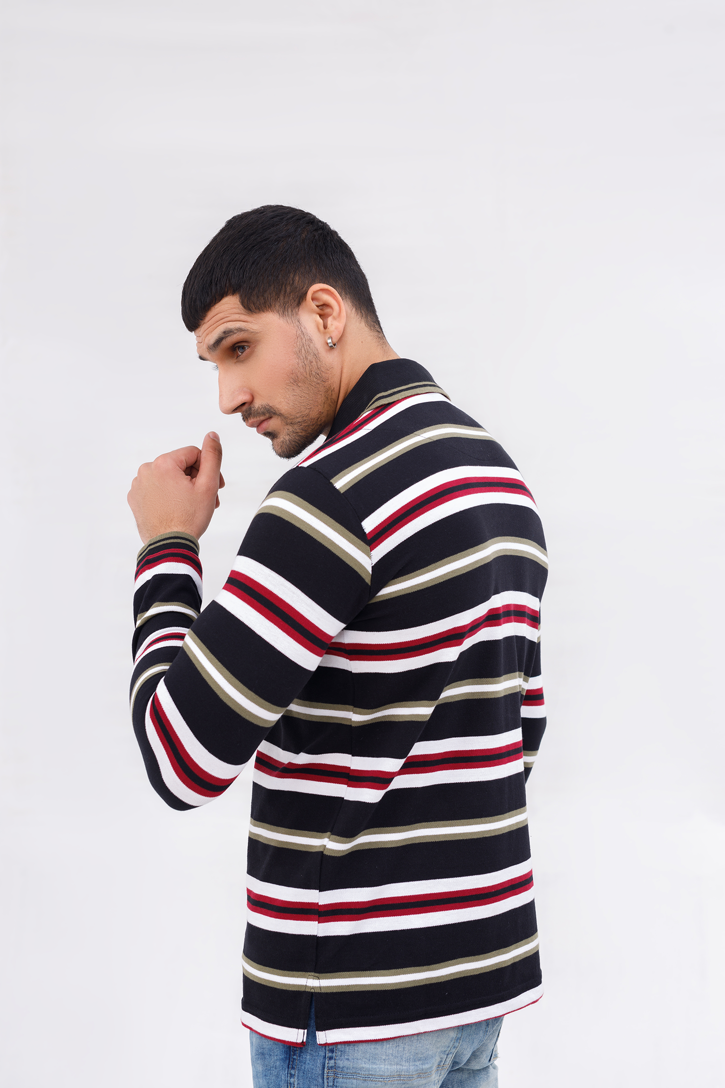 Men Polo Full Sleeves Striper Black / white