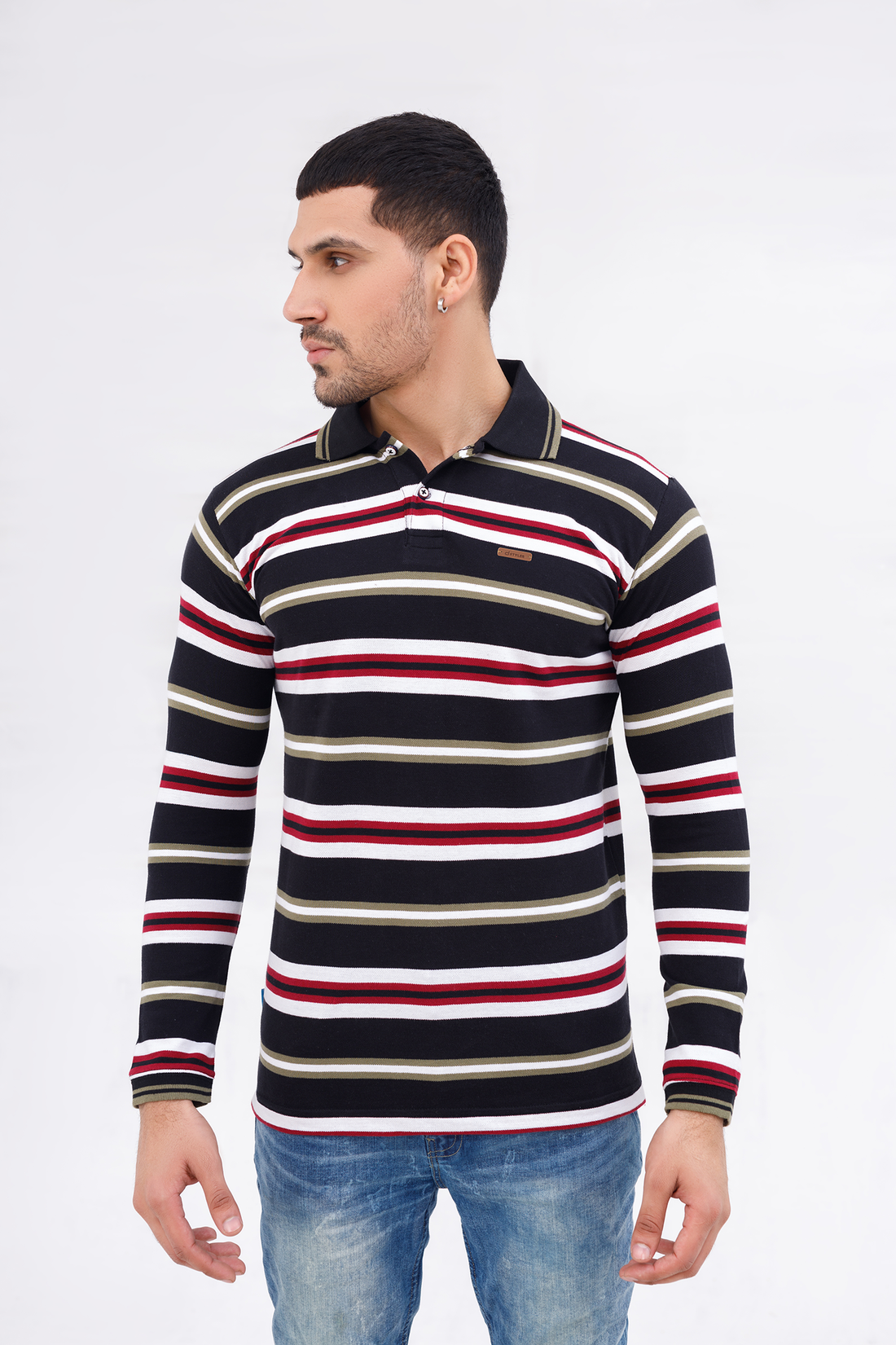 Men Polo Full Sleeves Striper Black / white