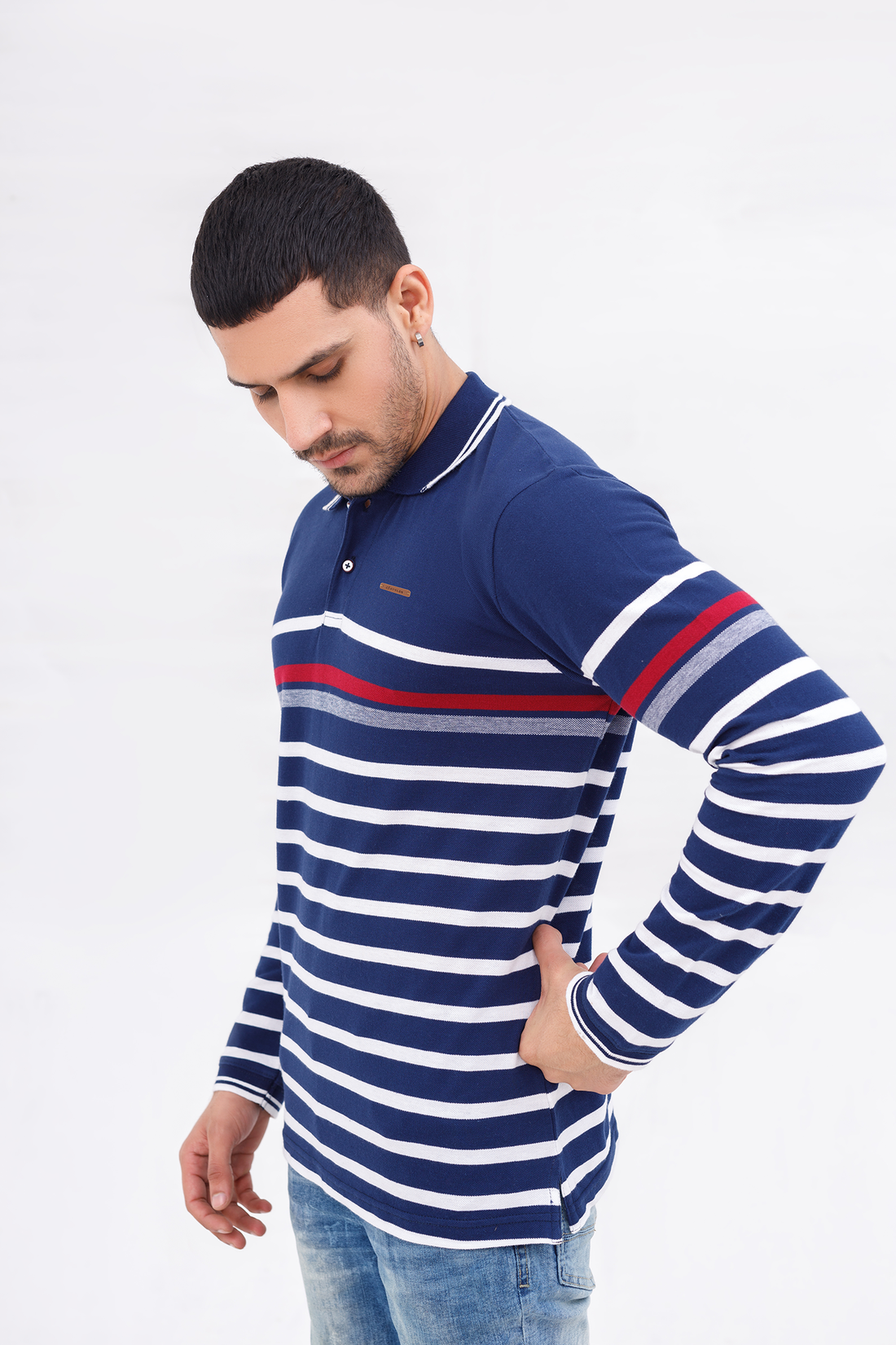 Men Polo Full Sleeves Striper Blue/White