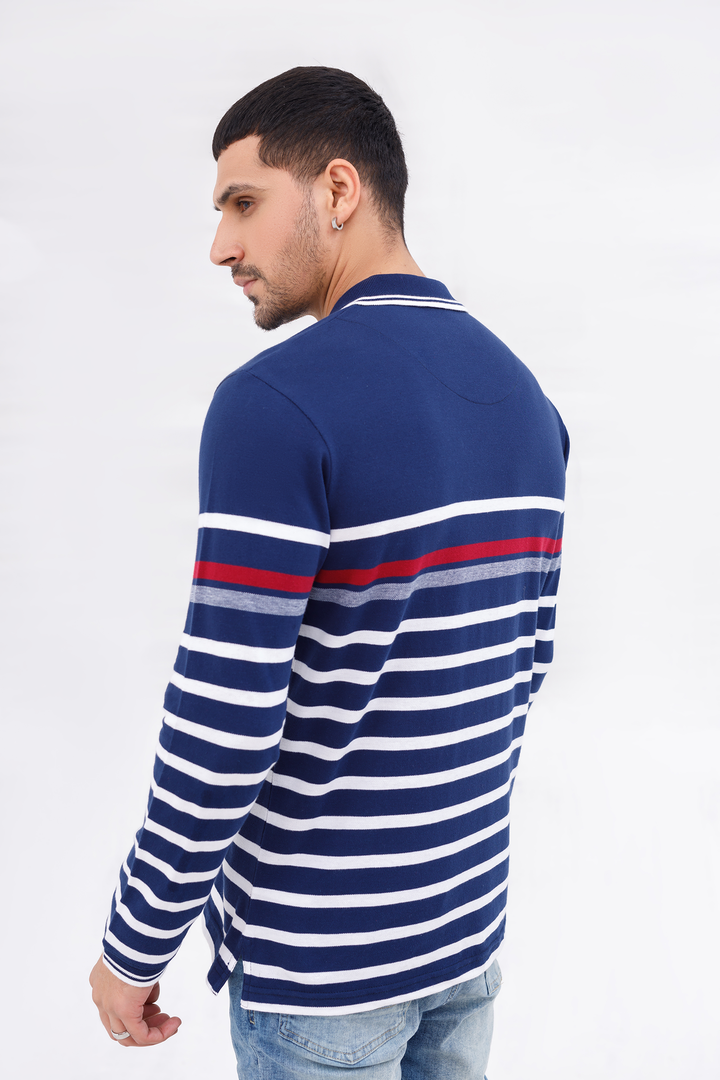 Men Polo Full Sleeves Striper Blue/White