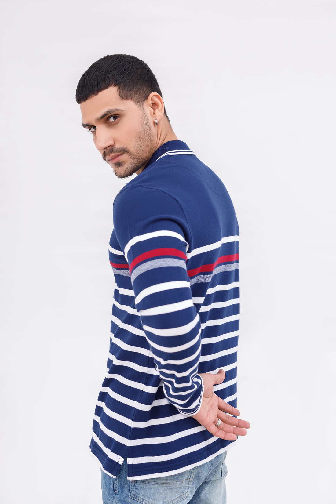 Men Polo Full Sleeves Striper Blue/White