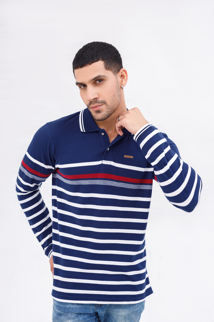 Men Polo Full Sleeves Striper Blue/White