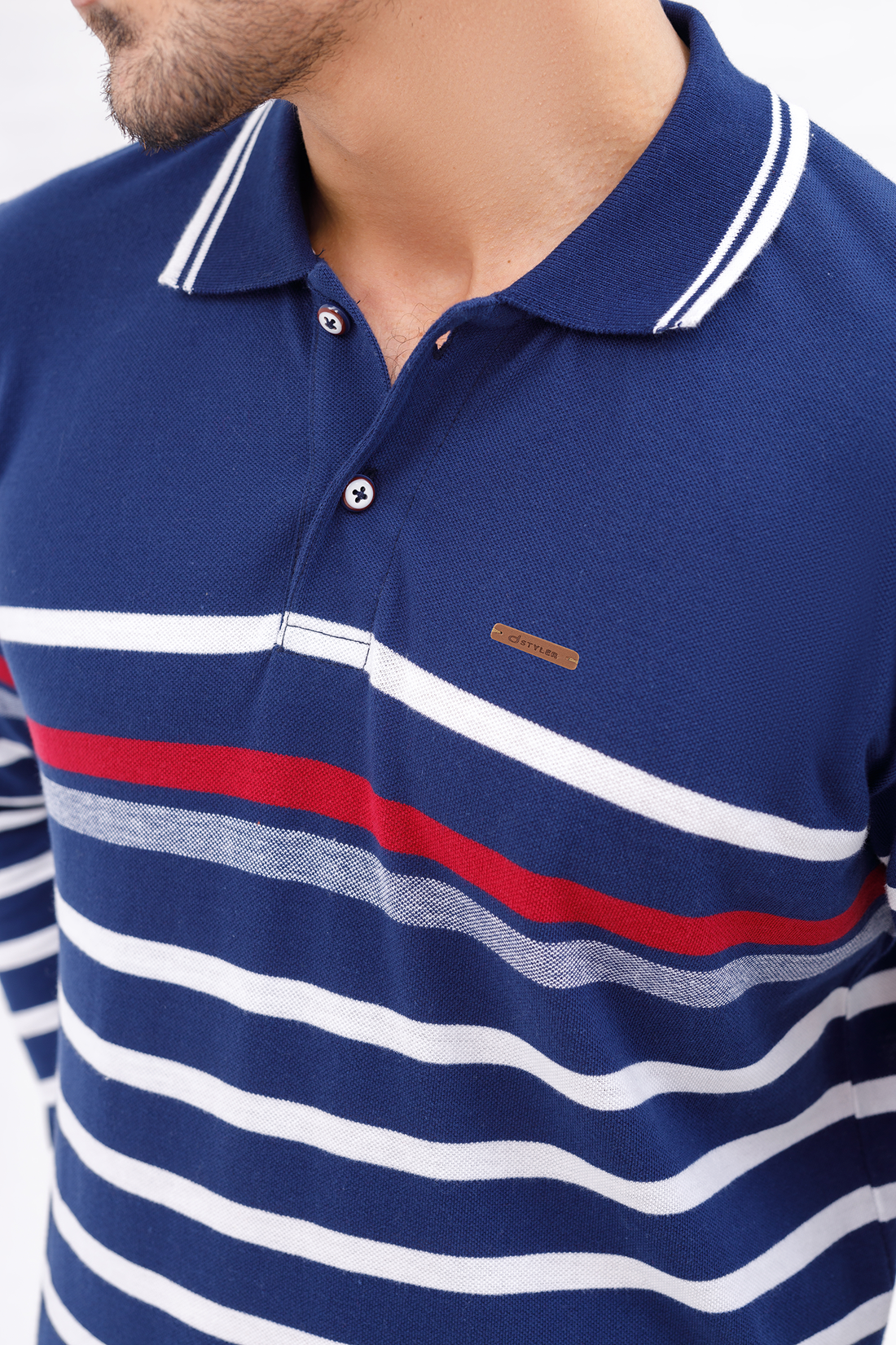 Men Polo Full Sleeves Striper Blue/White