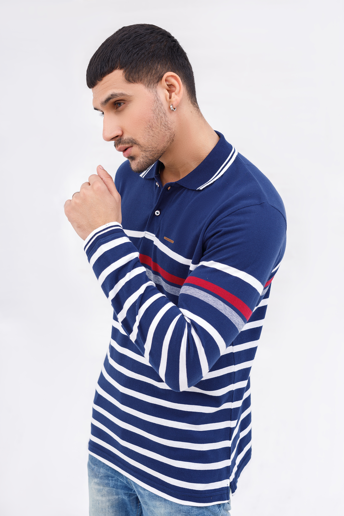 Men Polo Full Sleeves Striper Blue/White