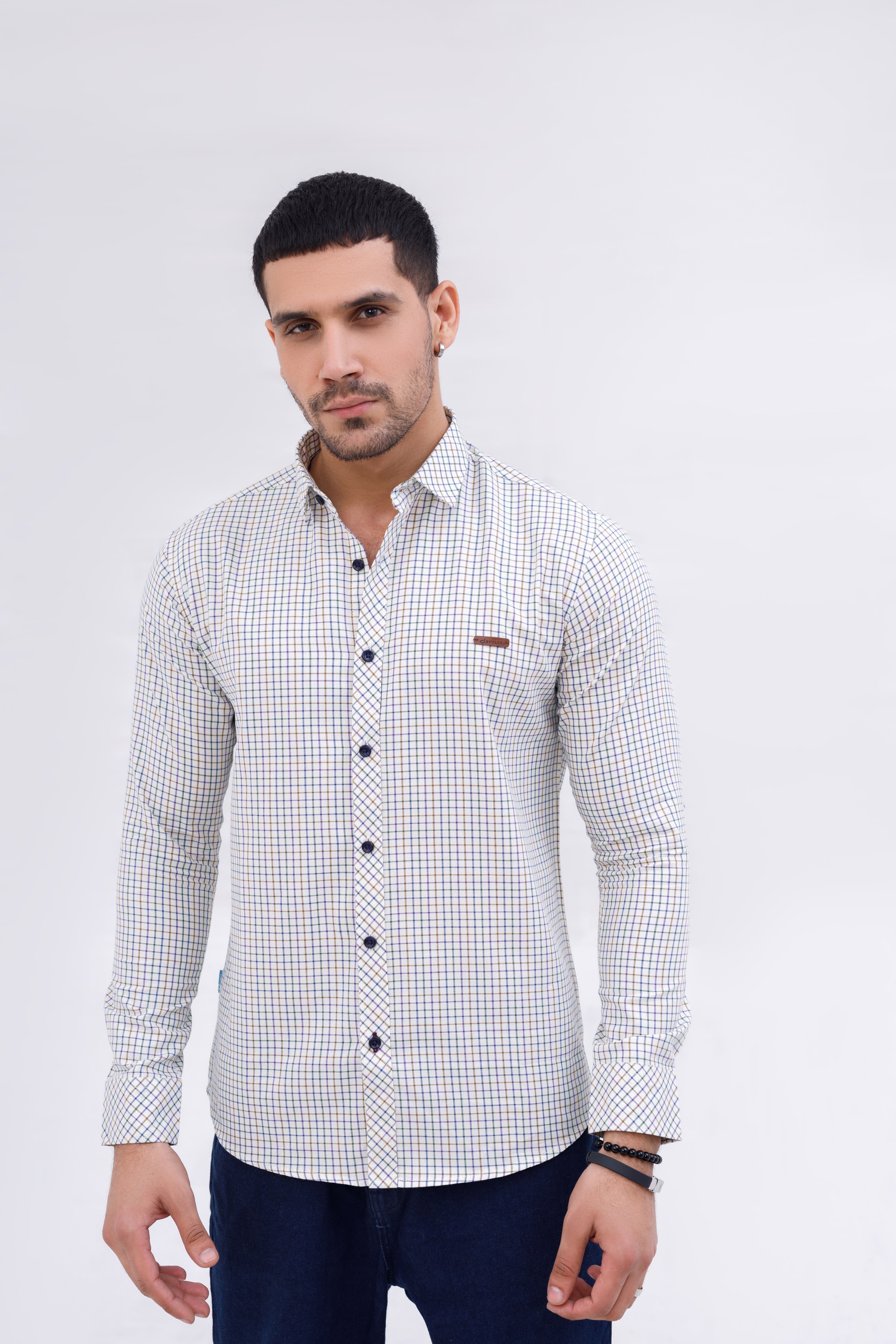 Men Casual Shirt White Print Check