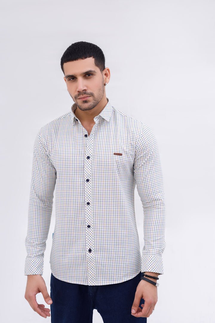 Men Casual Shirt Check White Print