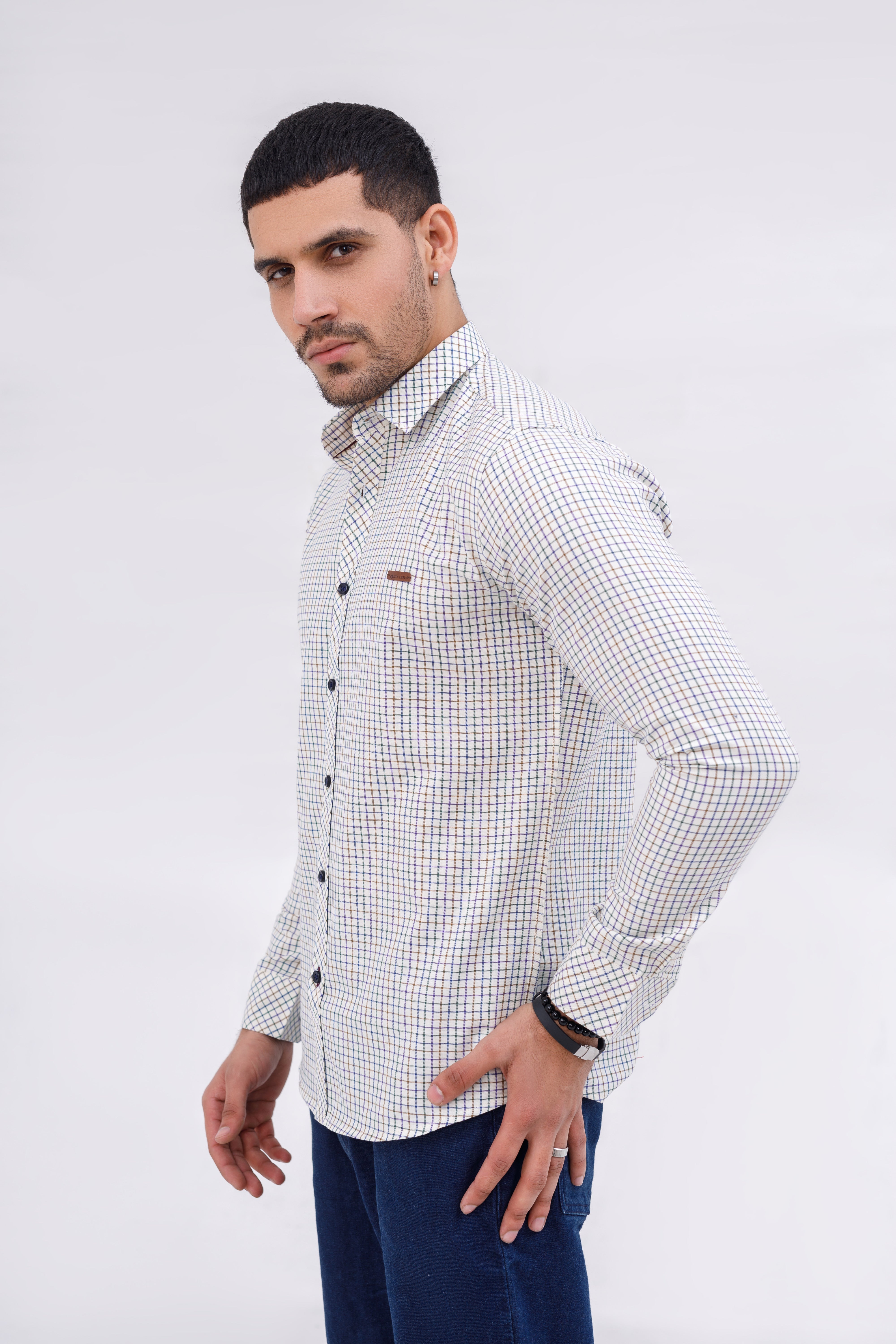 Men Casual Shirt White Print Check