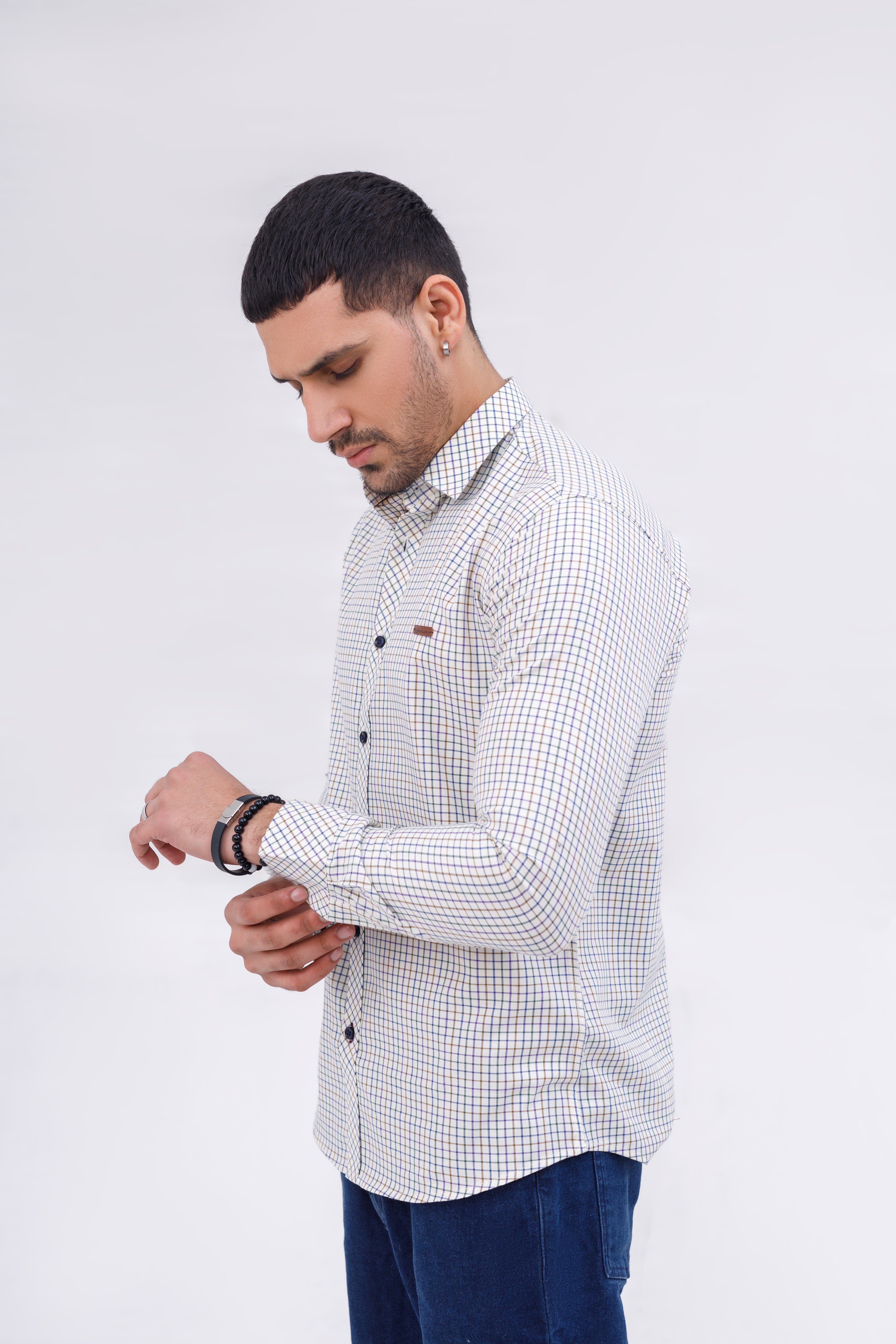 Men Casual Shirt White Print Check
