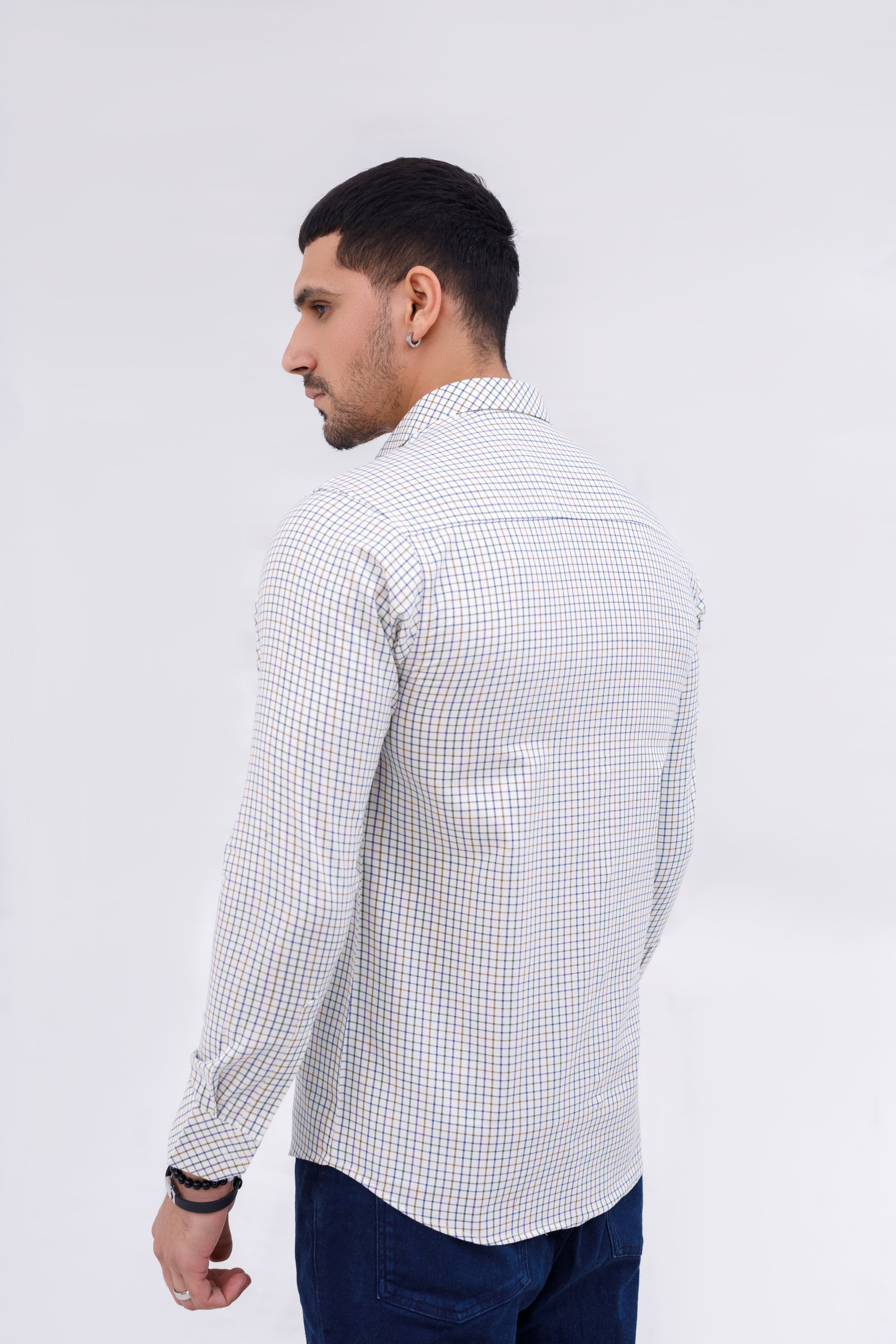 Men Casual Shirt White Print Check