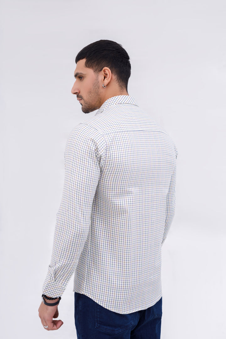 Men Casual Shirt Check White Print