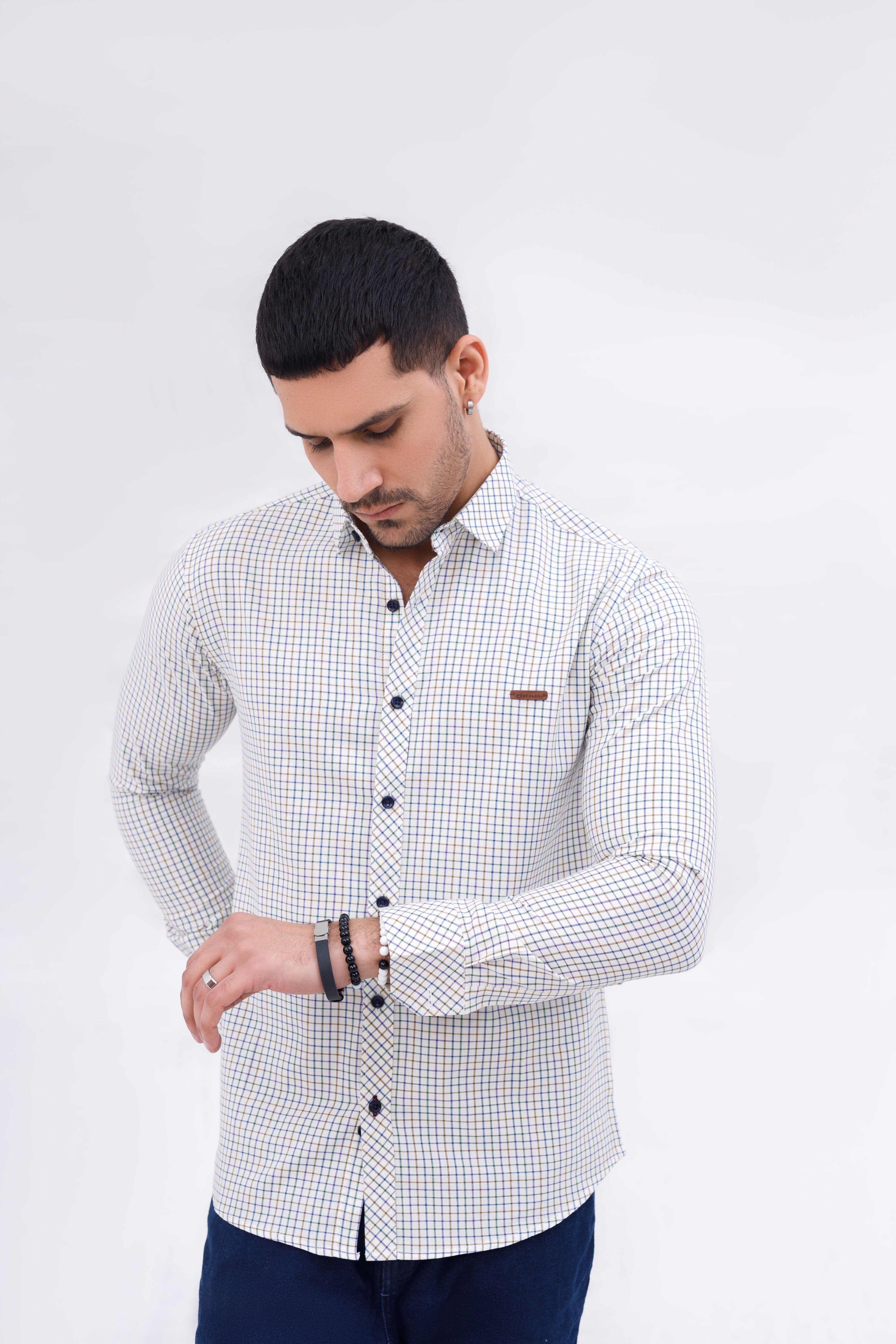 Men Casual Shirt White Print Check
