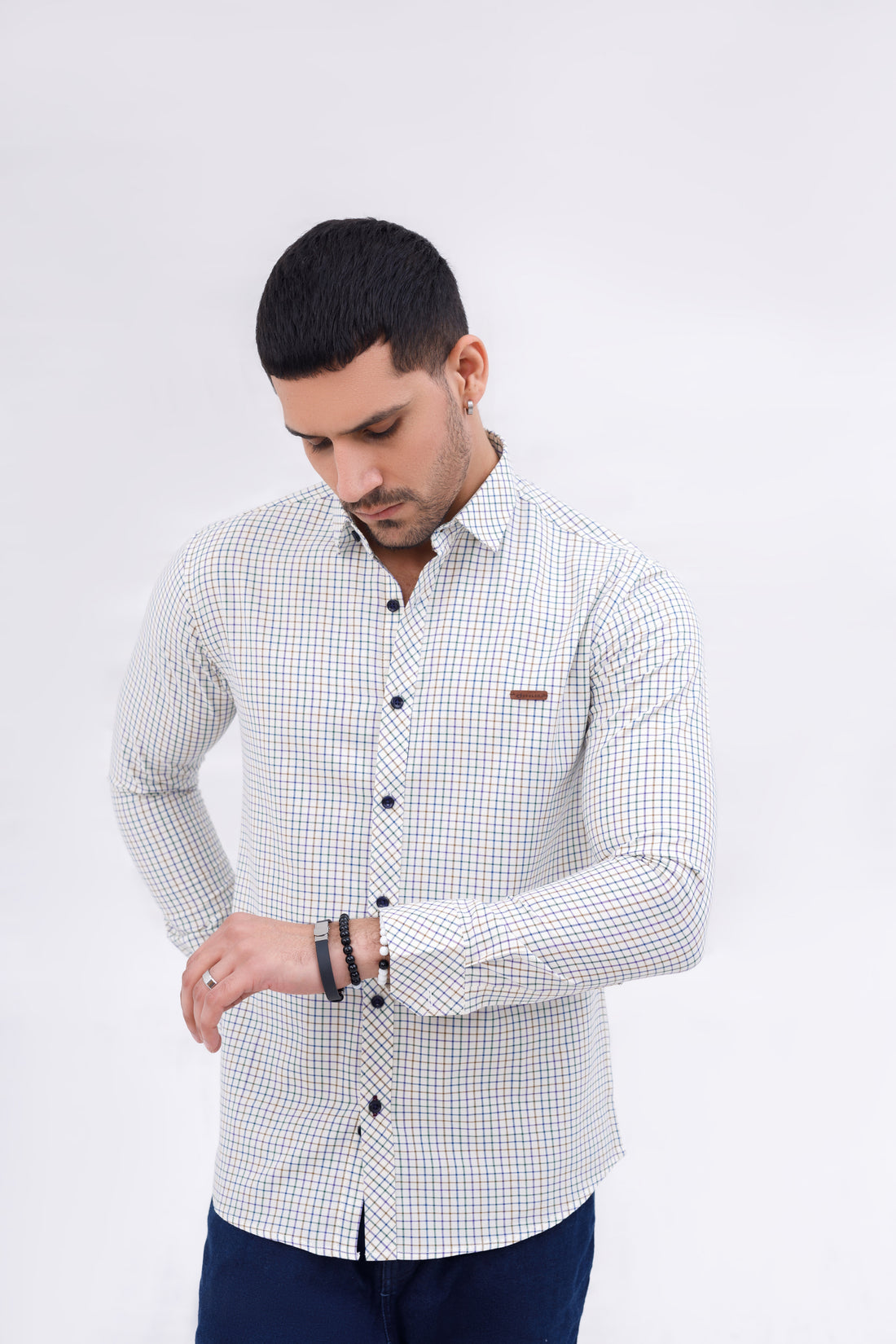 Men Casual Shirt Check White Print