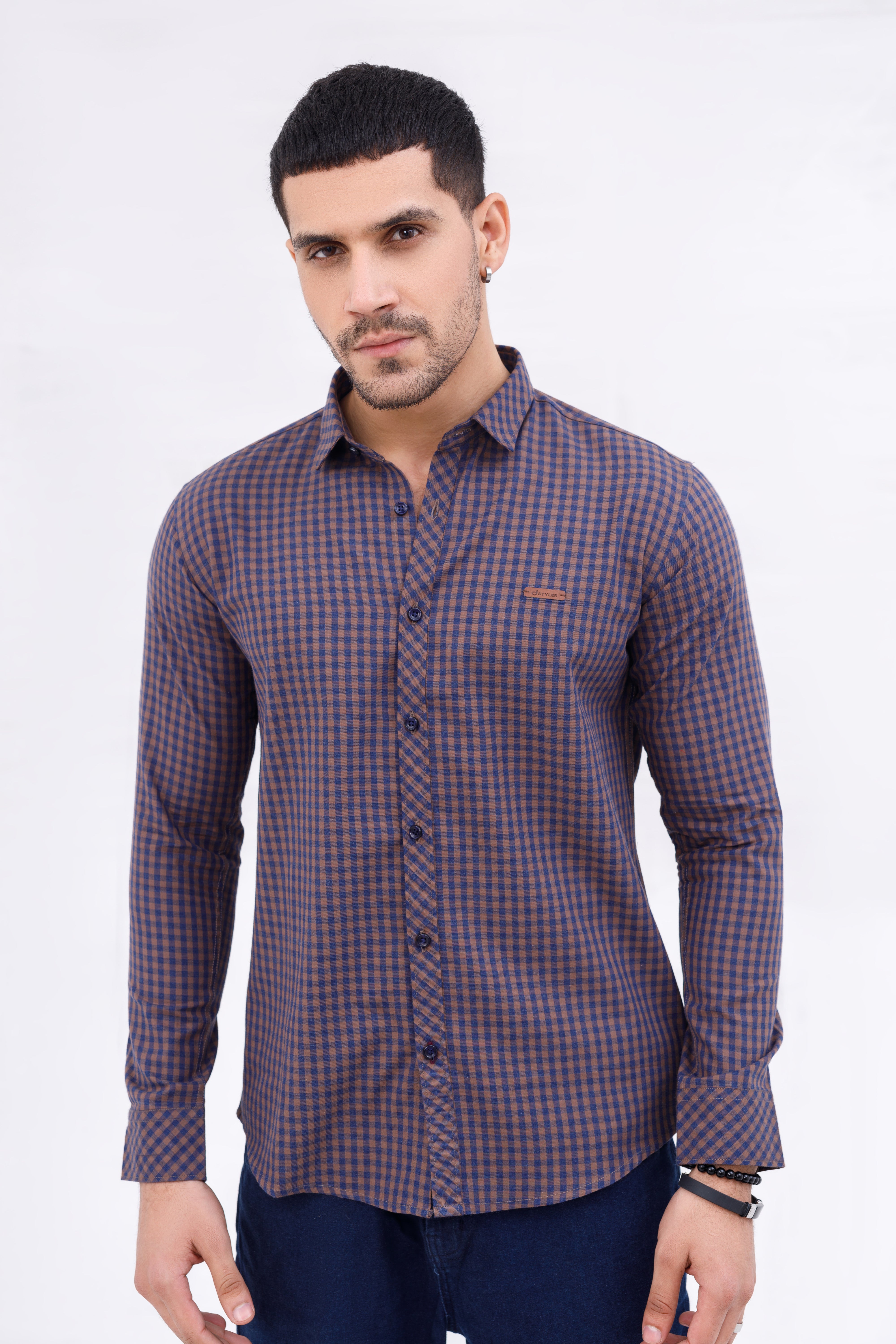 Men Casual Shirt Brown Check