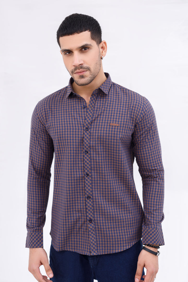 Men Casual Shirt Check Brown Check