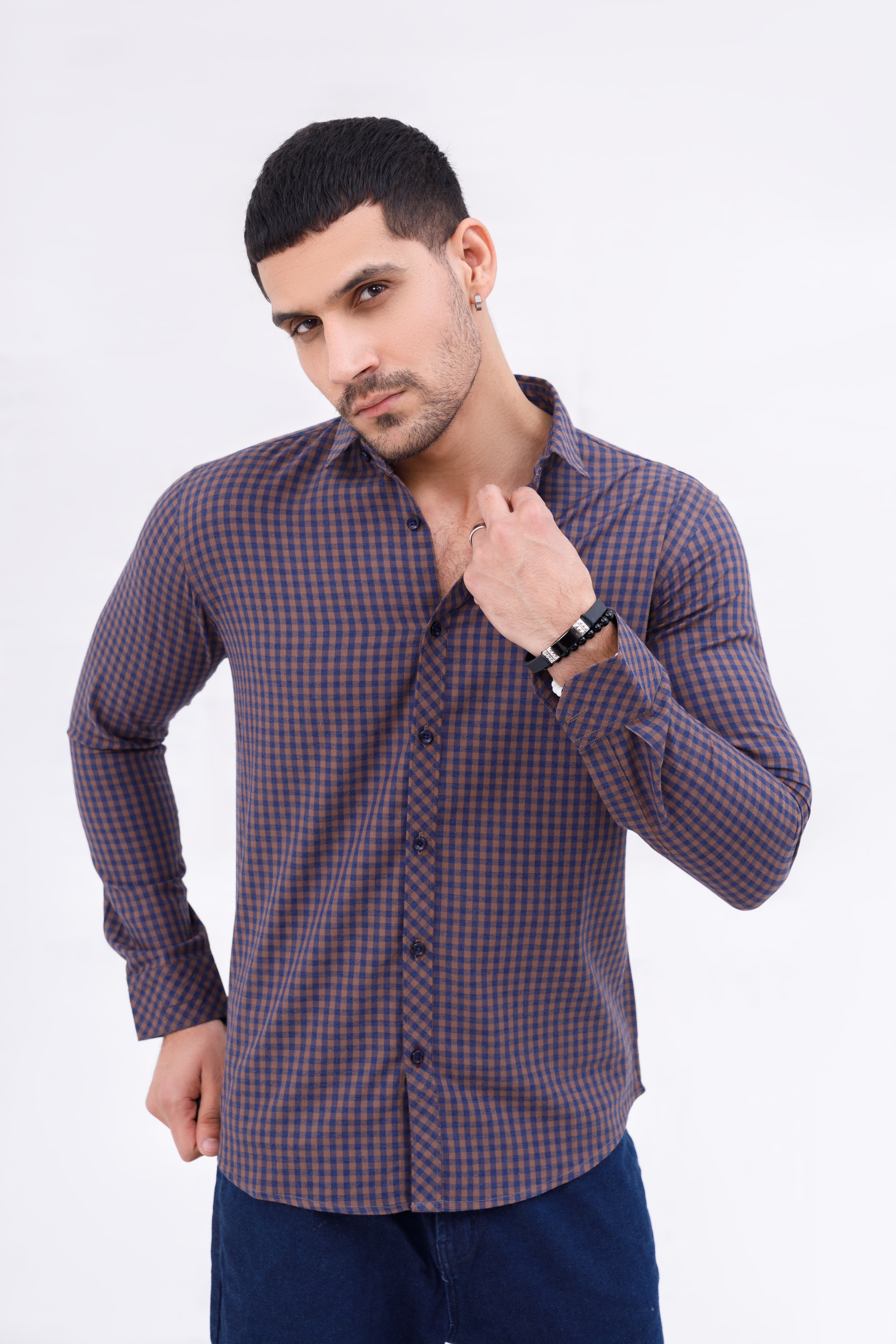 Men Casual Shirt Brown Check