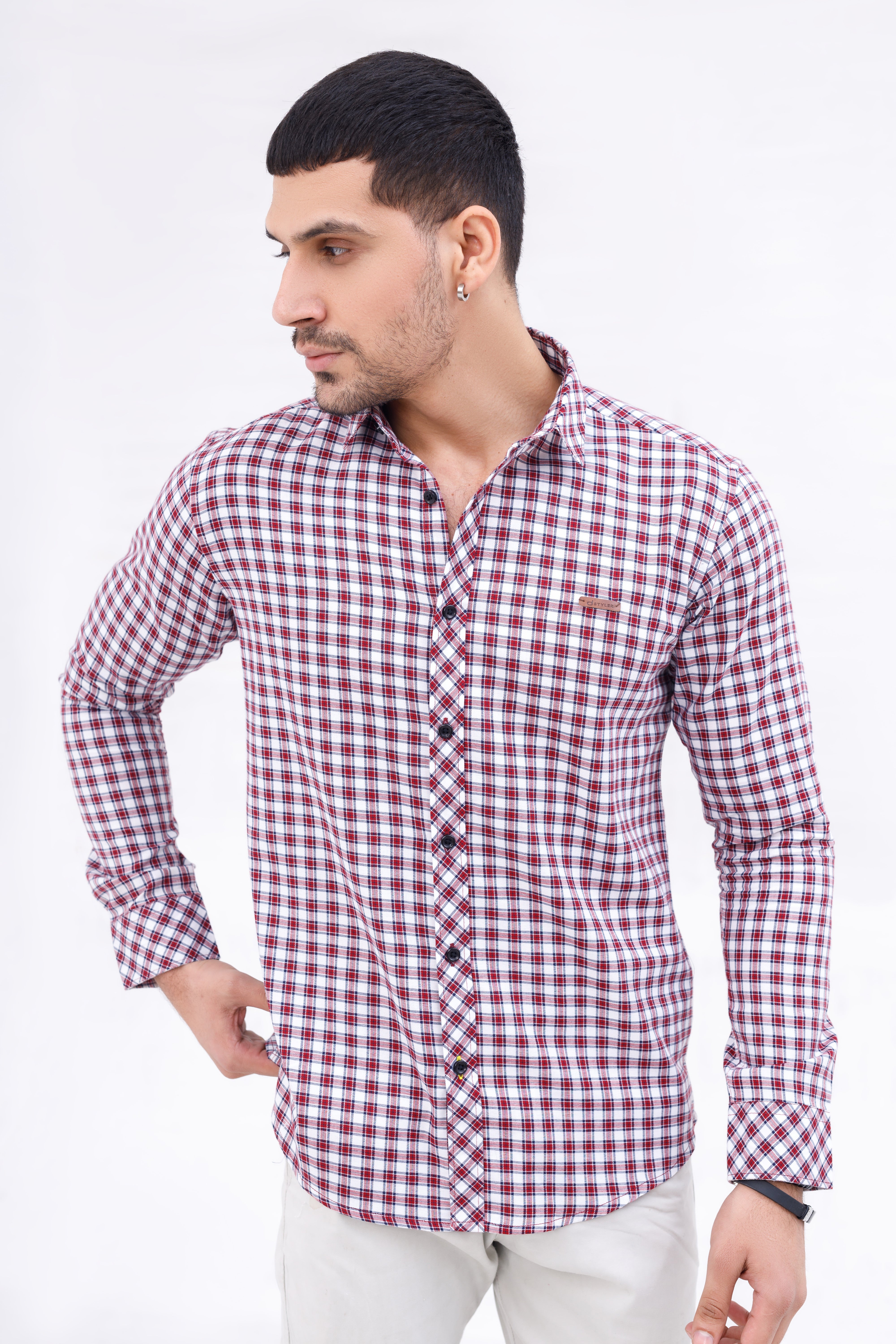 Men Casual Shirt Red Check