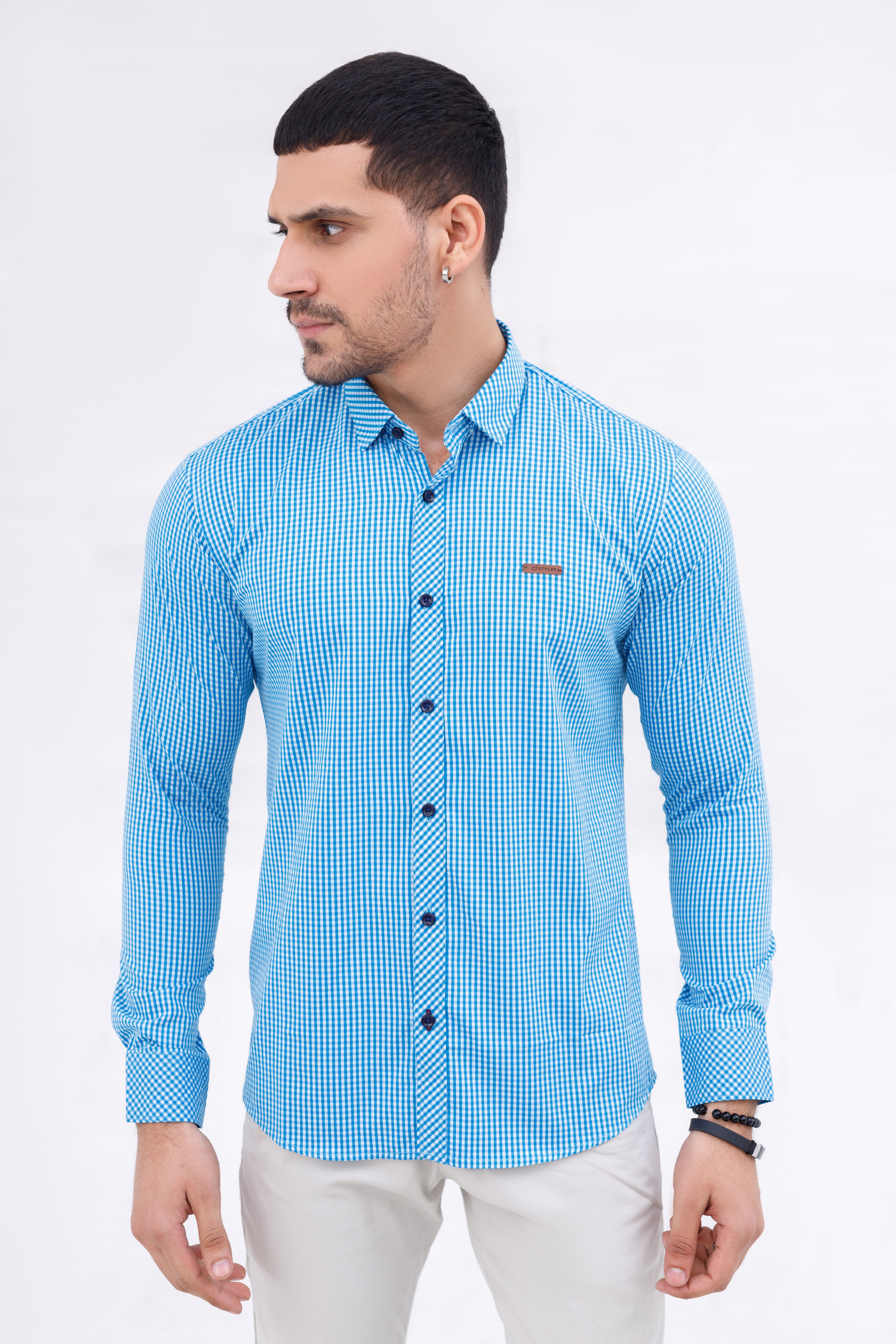Men Casual Shirt Sky Blue Check