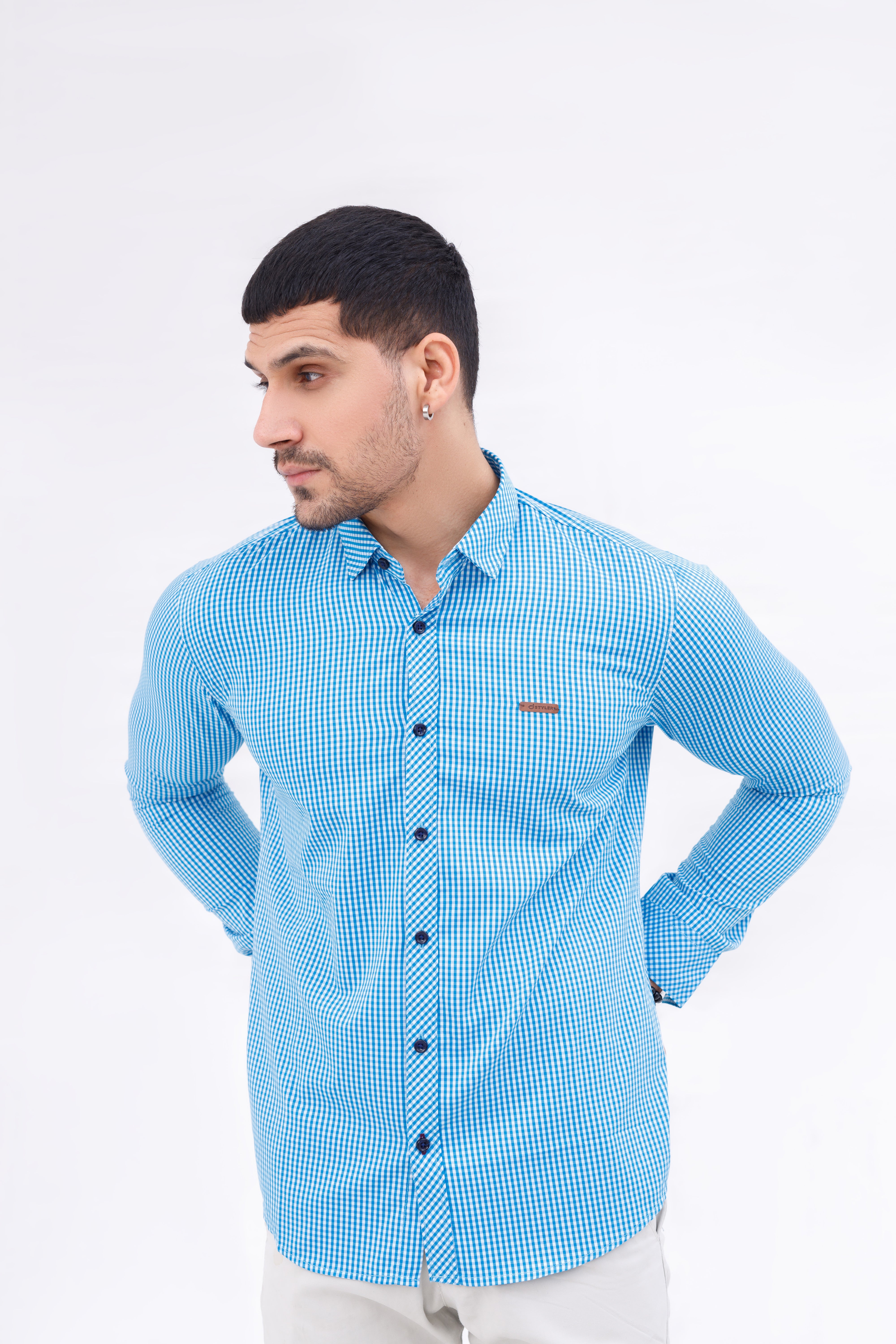 Men Casual Shirt Sky Blue Check