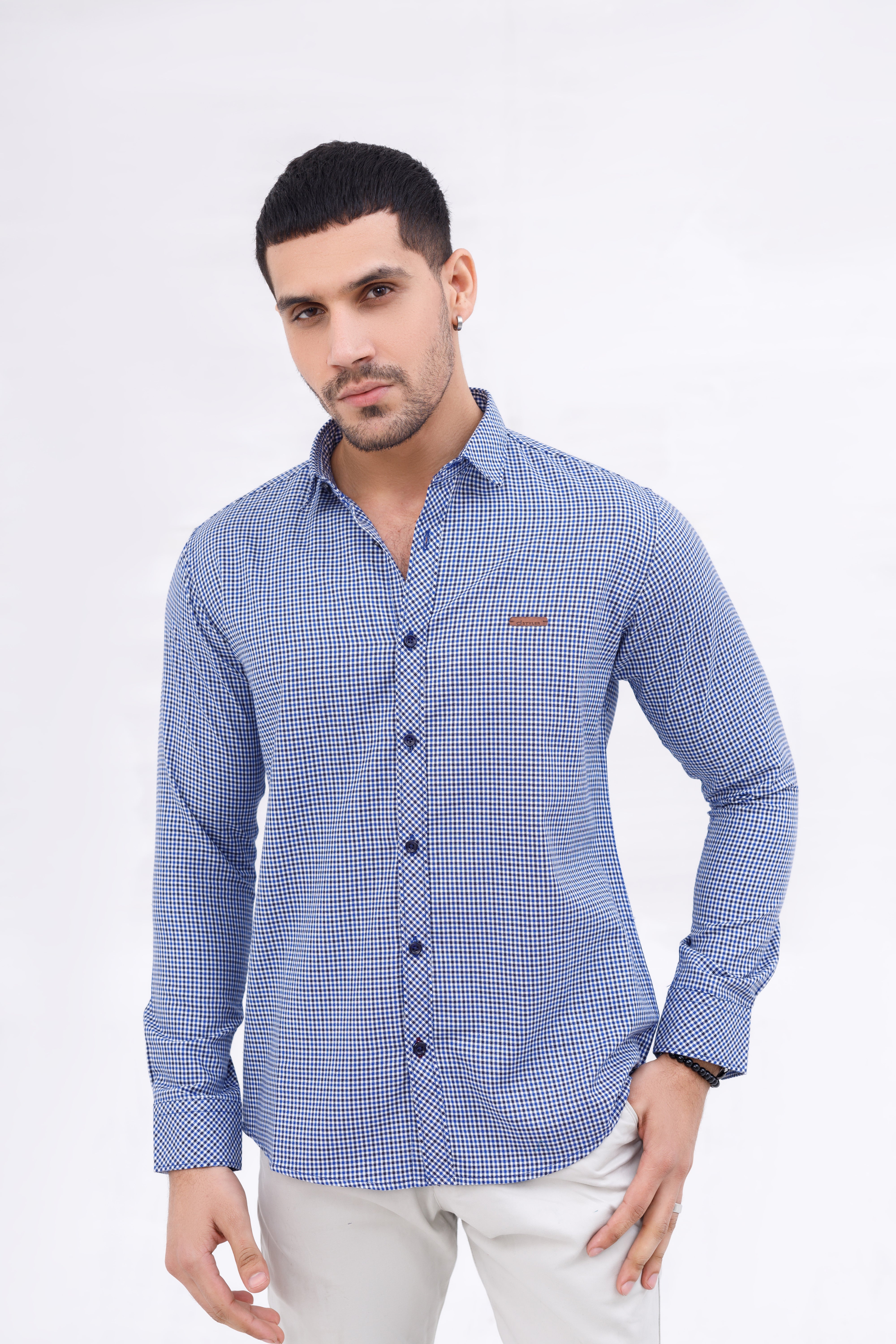 Men Casual Shirt Blue Check