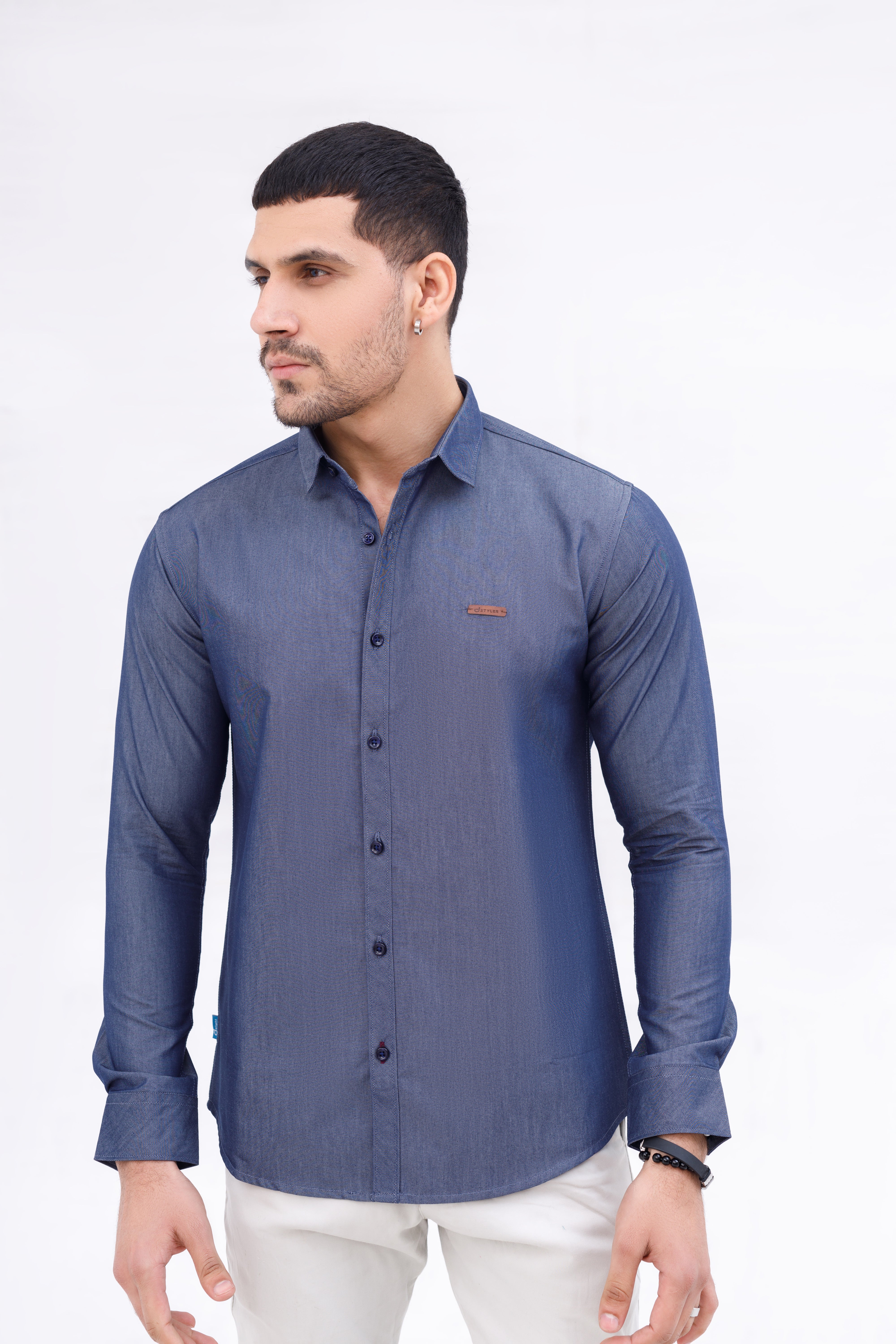 Men Casual Shirt Check Denim
