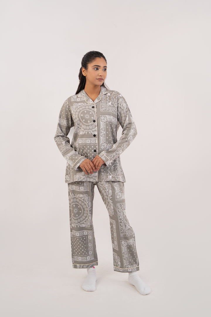 Women Night Suit Grey Printed