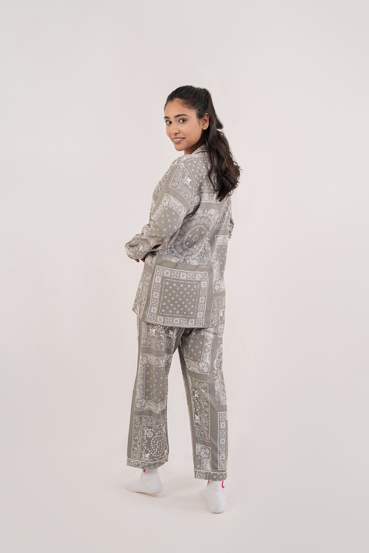 Women Night Suit Grey Printed